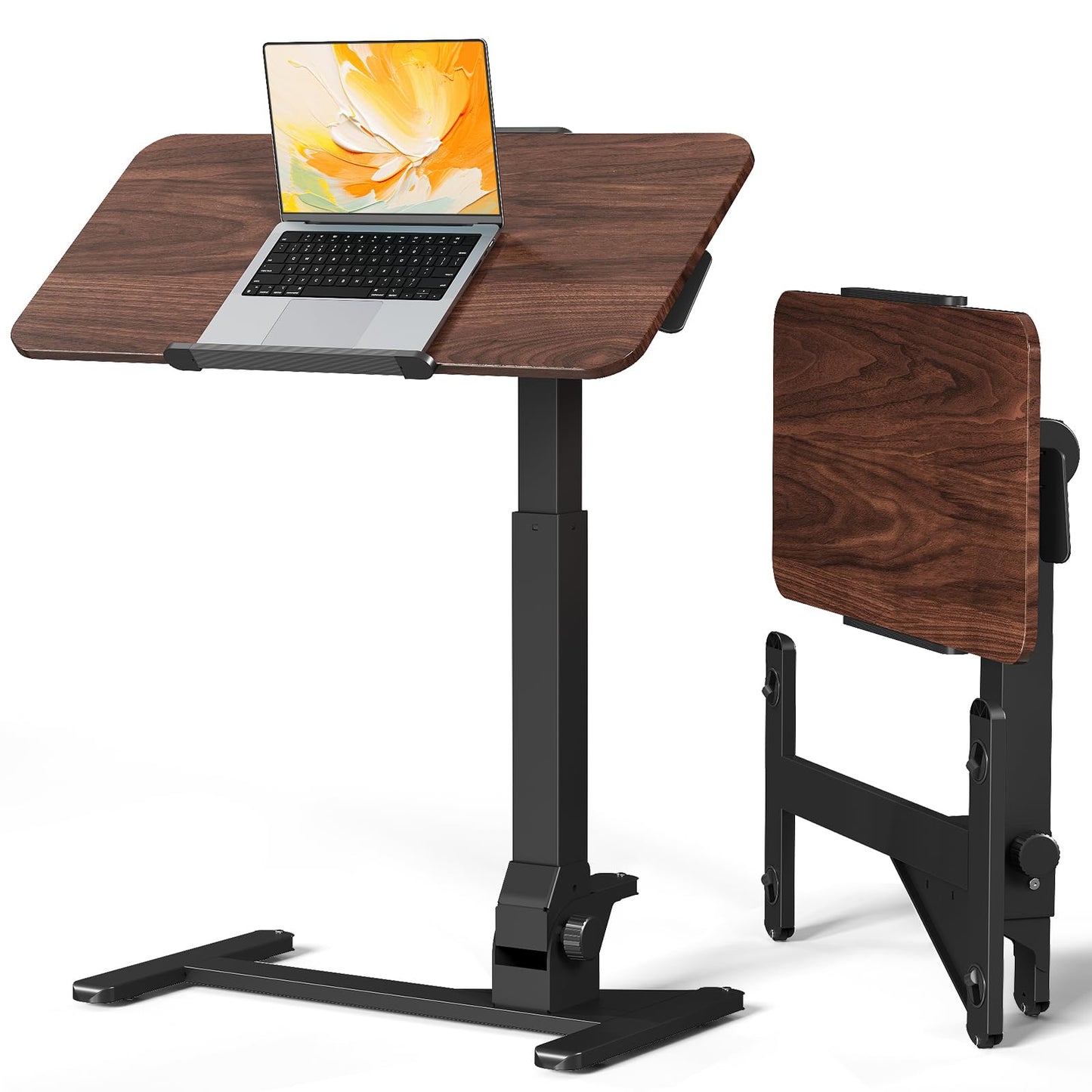 JOY worker Foldable Overbed Bedside Table, 180° Tiltable Mobile Standing Desk with Wheels, 31.5" Height Adjustable Rolling Laptop Desk for Home & Hospital Use, Easy Storage, Rustic Brown