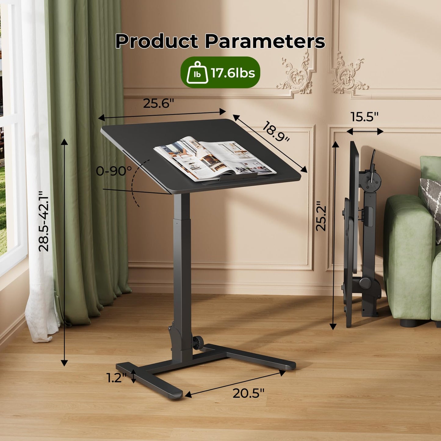 Gibbon Mounts Foldable Standing Desk，Small Mobile Sit-Stand Desk with 90 Tiltable Top，Rolling Rising Laptop Workstation Adjustable Height，Portable Table on Hidden Wheels/4 Lockable Casters，Black