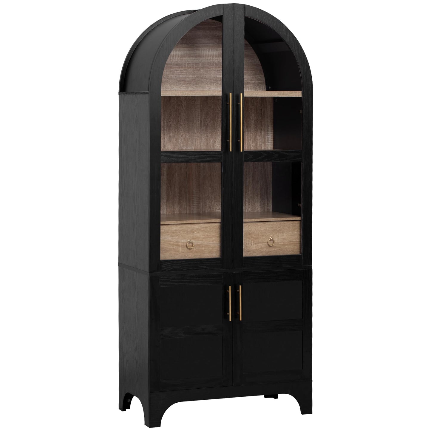 GDFStudio Mariah 71" Tall Arched Kitchen Pantry Cabinet with Hidden Drawer, Glass Door & Adjustable Shelves, Farmhouse Storage Cabinet Cupboard for Kitchen Dining Room, Home Pantry Storage, Black