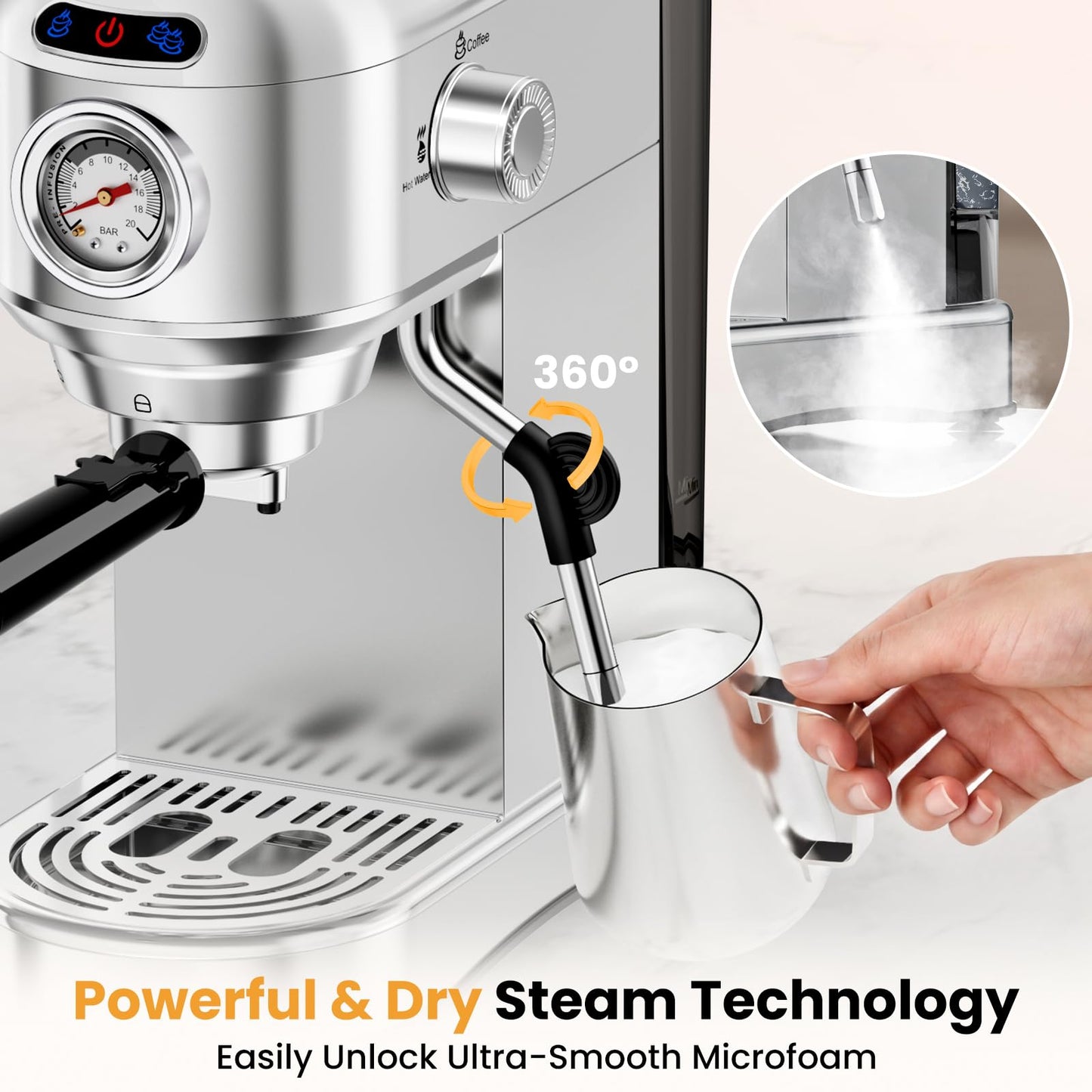 Espresso Machine 20 Bar, Compact Espresso Coffee Machine with Milk Frother, Stainless Steel Coffee Maker with 34oz Removable Water Tank, Cappuccino Machine for Home, Office, Fathers Day Dad Gifts