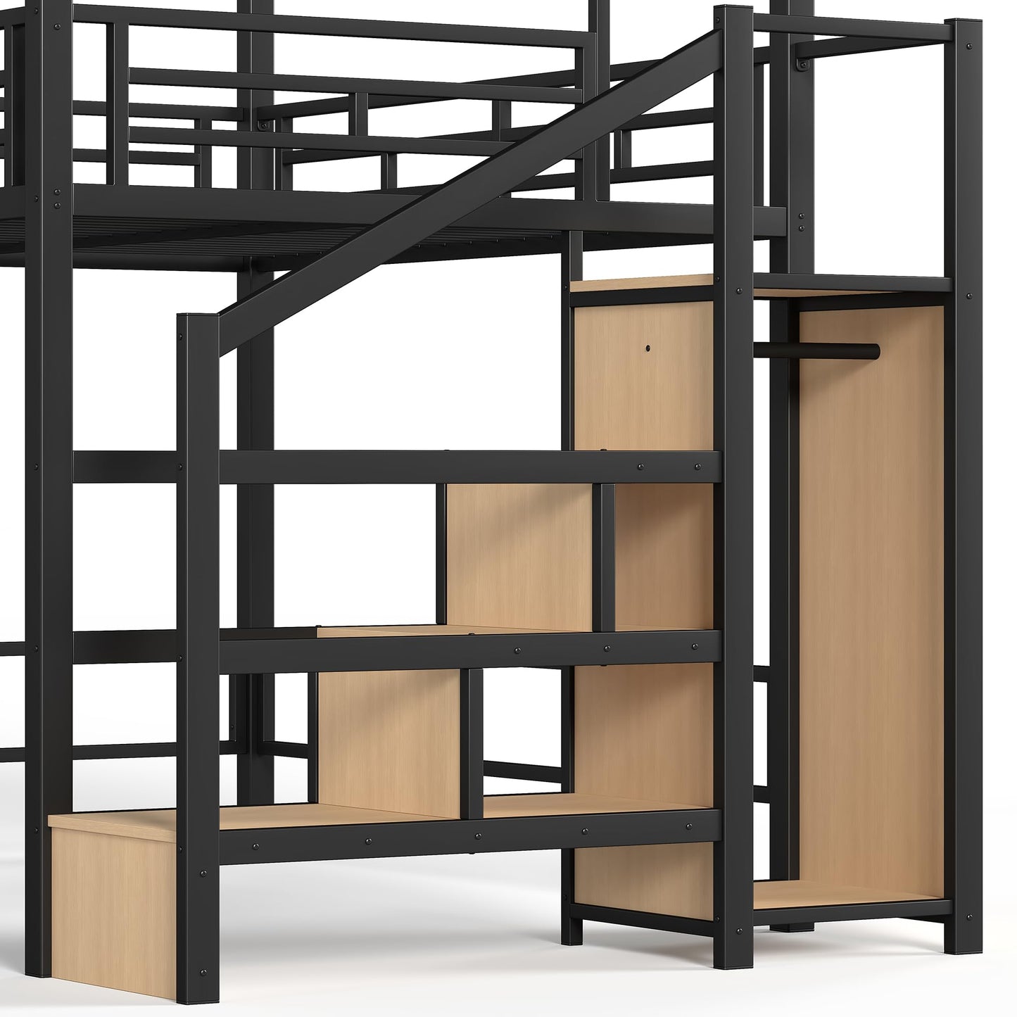 Bellemave Full loft Bed with Storage Stairs, Wardrobe, Canopy Support Pole, Metal Full Loft Bed Frame for Adults, Kids, Teens, Canopy can be Disassembled, Black+Natural Wood