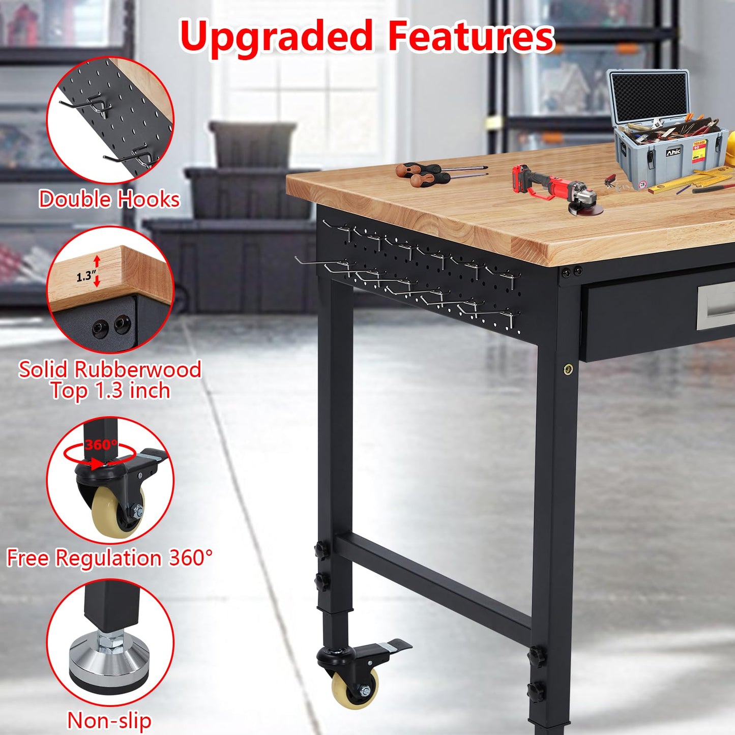 ACONEE 48" Adjustable Workbench, Heavy Duty Workstation 2000 LB Load Capacity, Rubber Wood Top Workstation with Drawer & 4 Rolling Casters, Power Outlets, Metal Frame, Workbench for Workshop Garage