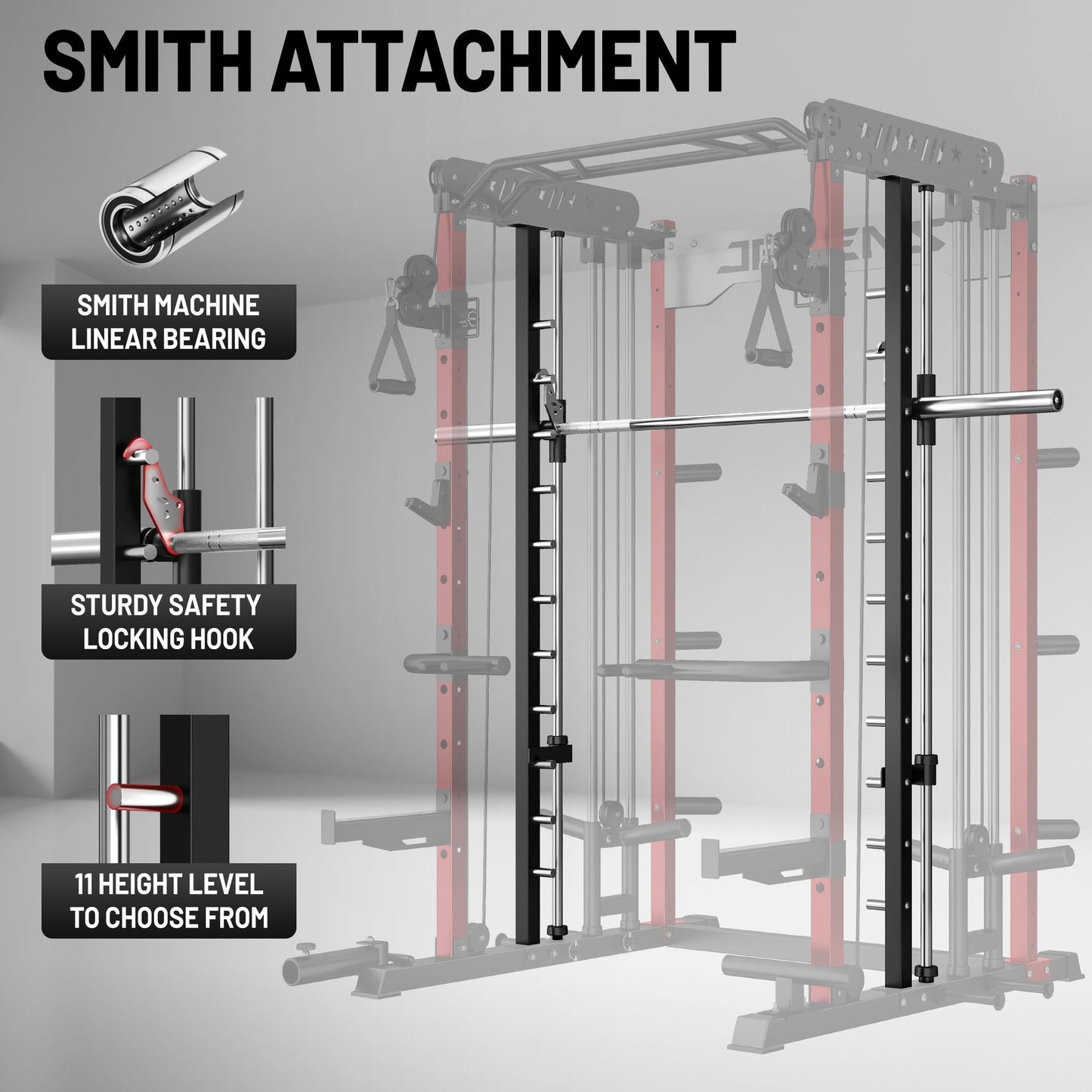 JELENS Smith Machine for Home Gym, Multi-Function M12 Power Cage, Squat Rack with Smith Bar and More Attachment (Red, M12 Smith Machine)