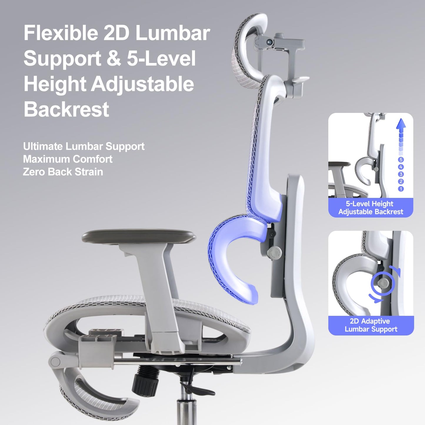 LarkLeaves Office Chair with Footrest, Ergonomic Chair with 3D Headrest, Computer Chair with Adjustable Backrest & 3D Armrest, Gaming Chair with Adaptive Lumbar Support, Mesh Backrest & Cushion, Grey