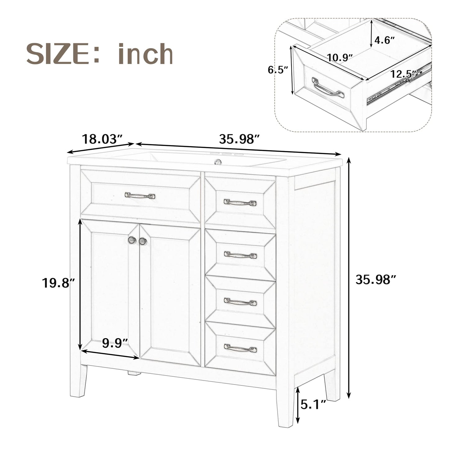 36" Bathroom Vanities with Sink Set Combo, Cabinet with 3 Drawers and 2 Soft-Closing Doors, Solid Wood Frame & MDF Board