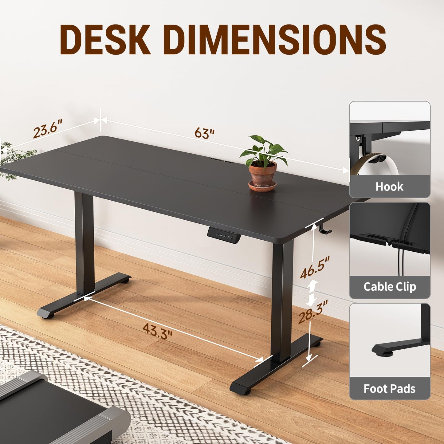 Veken 63x23.6 Inch Large Electric Standing Desk, Heights Adjustable,Sit to Stand Up, Work Home Office Computer Table for Walking Pad, Wooden Desktop Desks, Black