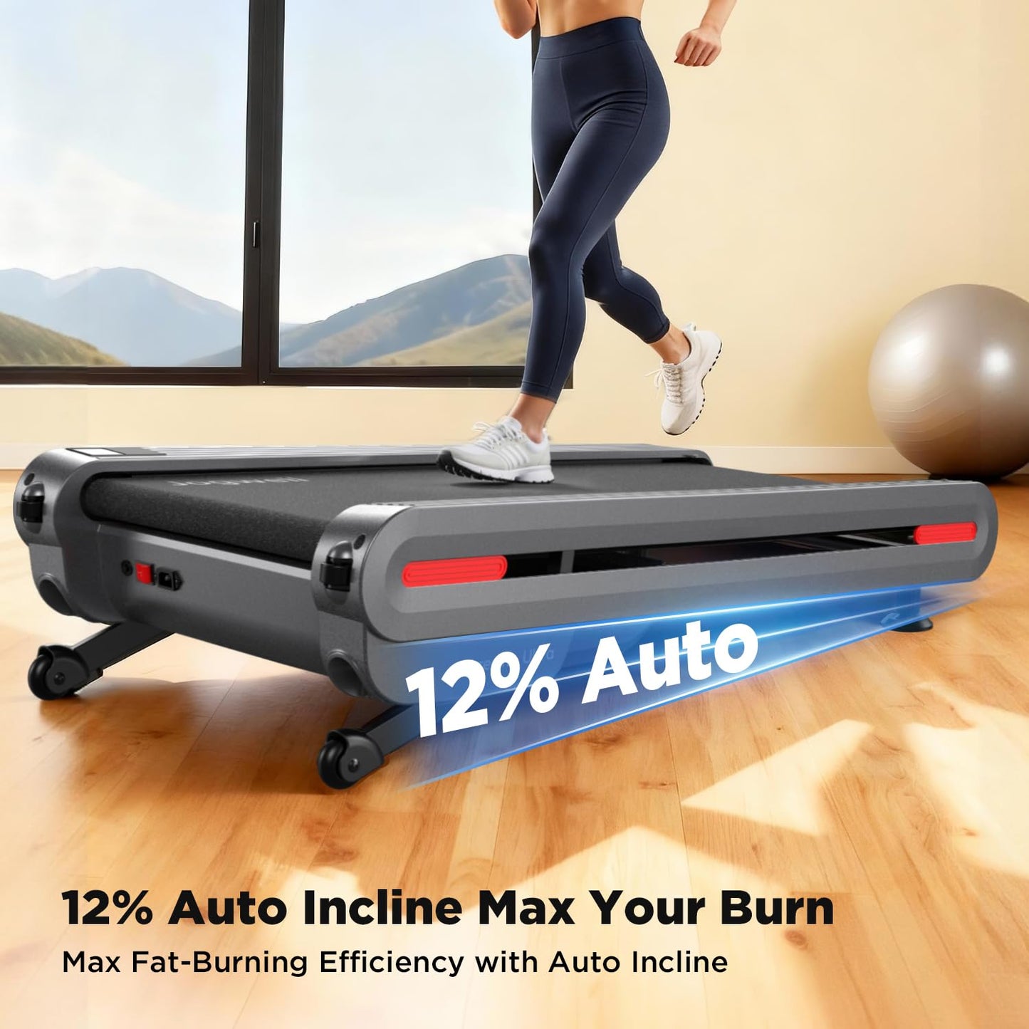 Jogwell Walking Pad Treadmill with 12%/20% Auto Incline, 3.5HP Brushless Ultra-Quiet, Under Desk Treadmill for Home Office, 400 LBS Capacity, 30% Wider Deck, Vertical Storage, Ares 11 Ultra-Enh Black