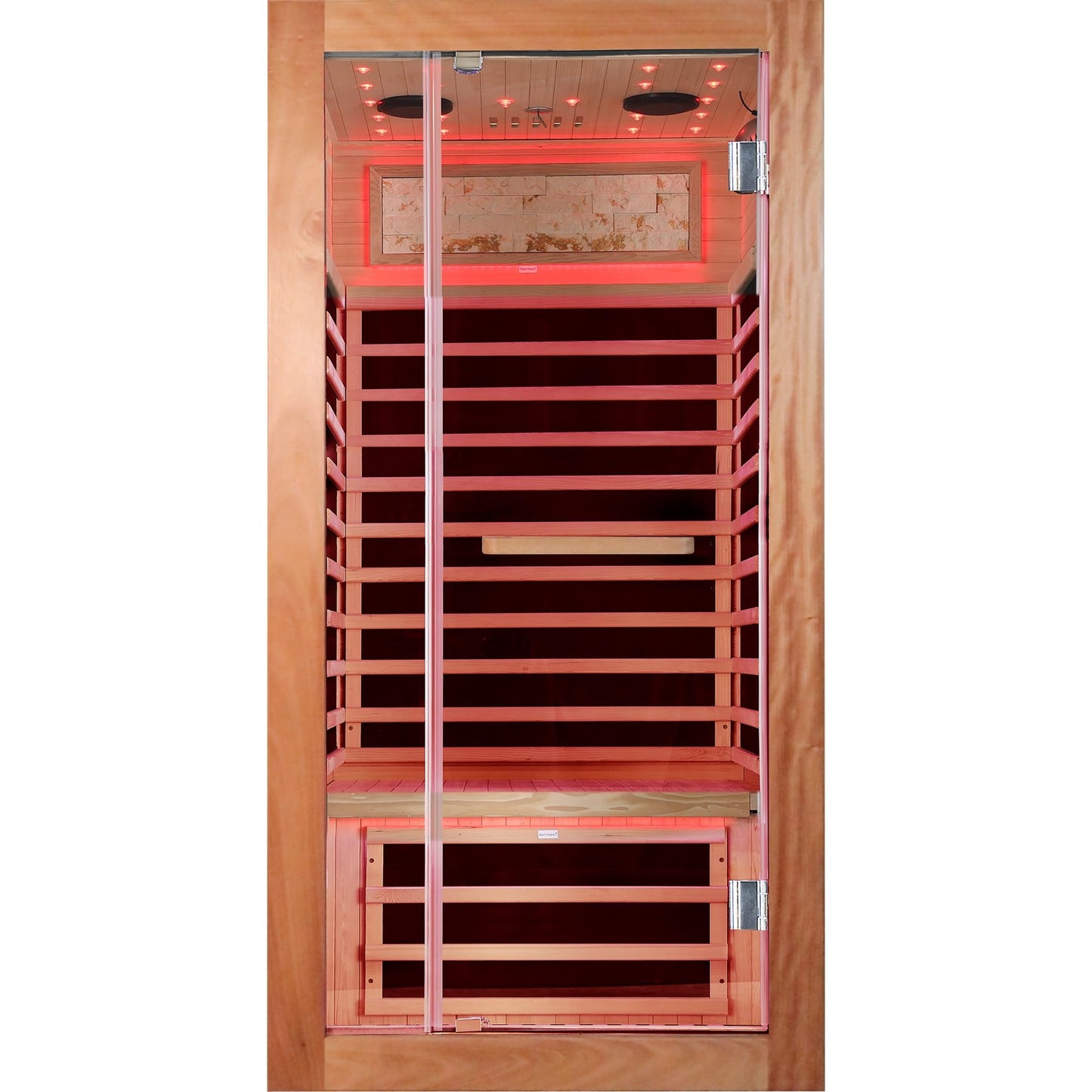 YJSPSSW Single-Person Sauna Room – Compact Infrared Heat Therapy Cabin with 7 Heating Plates, Starry Sky LED & Oguman Wood Design (900x900x1800mm)