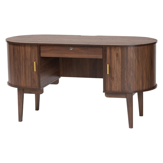 Baxton Studio Hayes Wood Writing Desk - Mid-Century Modern Oval Desk with Locking Drawer and Sliding Tambour Doors for Office or Home