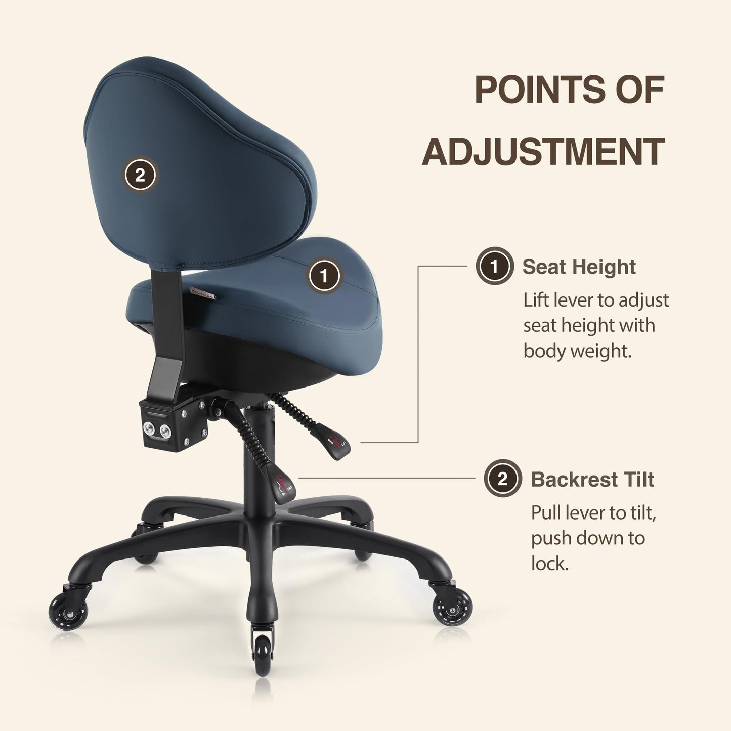 DR.LOMILOMI Pneumatic Swivel Rolling Saddle Chair with Wheels and Ergonomic Back Support for Hair Stylist, Dental Hygienist, Hygienic Clinic, Spa, Massage, Home, Office - 510 KOA