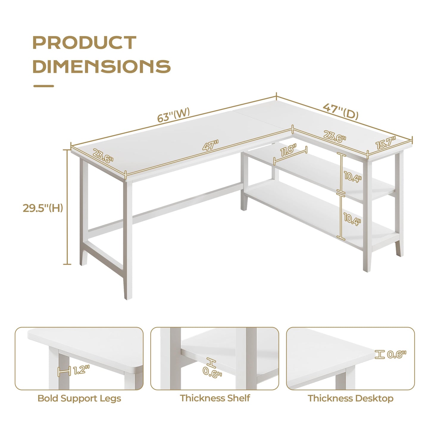 IOTXY Reversible L-Shaped Office Desk - 63" Extra Large Corner Computer Table with Storage Shelves, Solid Wood Legs, Home Writing & Study Workstation, White