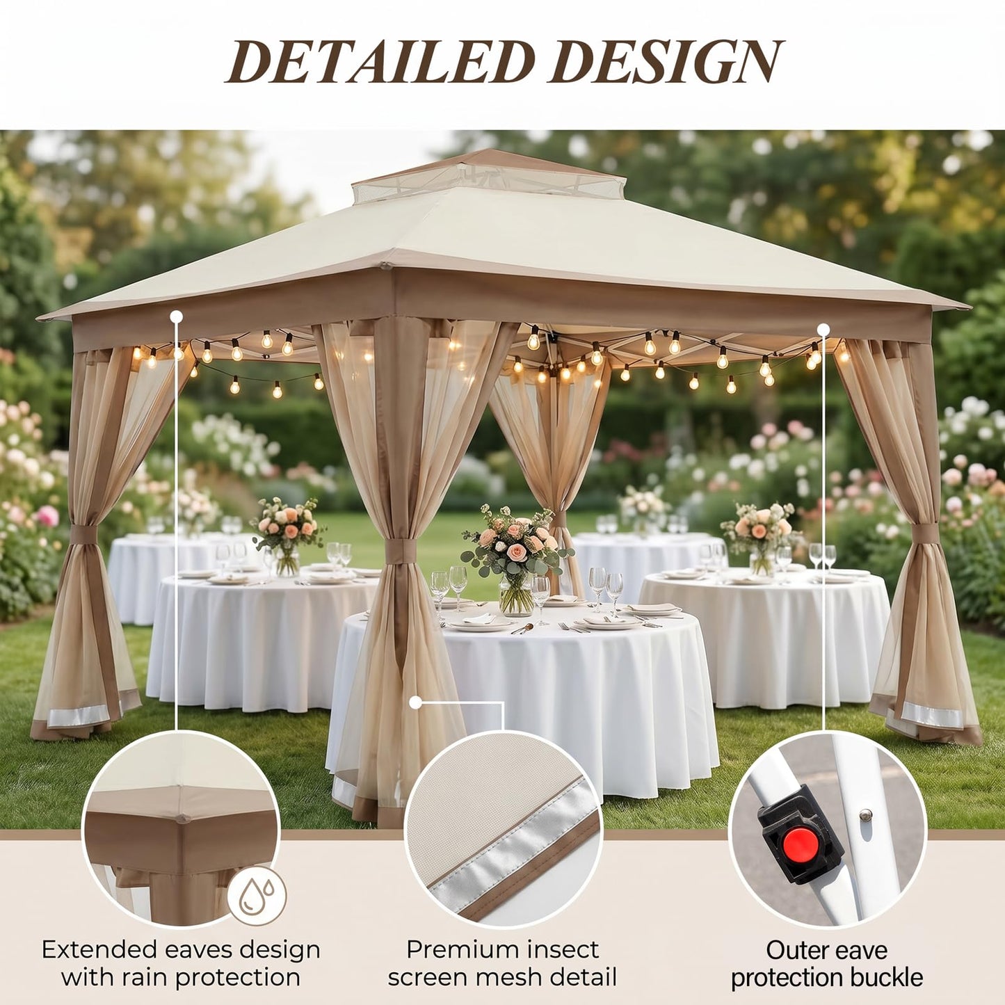 11x11 Pop Up Gazebo, Instant Waterproof Outdoor Canopy Tent with Removable Mesh Netting, UV Protection Portable Sun Shelter with Wheeled Cover Bag for Patio Backyard, Khaki