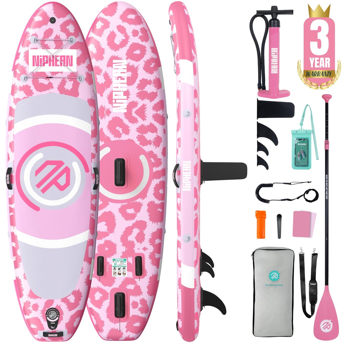 Niphean（Ultra-Light） Inflatable Paddle Board with StabilTrac Fin and Durable SUP Accessories, 10' Stand Up Paddle Boards for Adults & Youth, Versatile Yoga Paddle Board, Gift Ideas-Candy Leopard