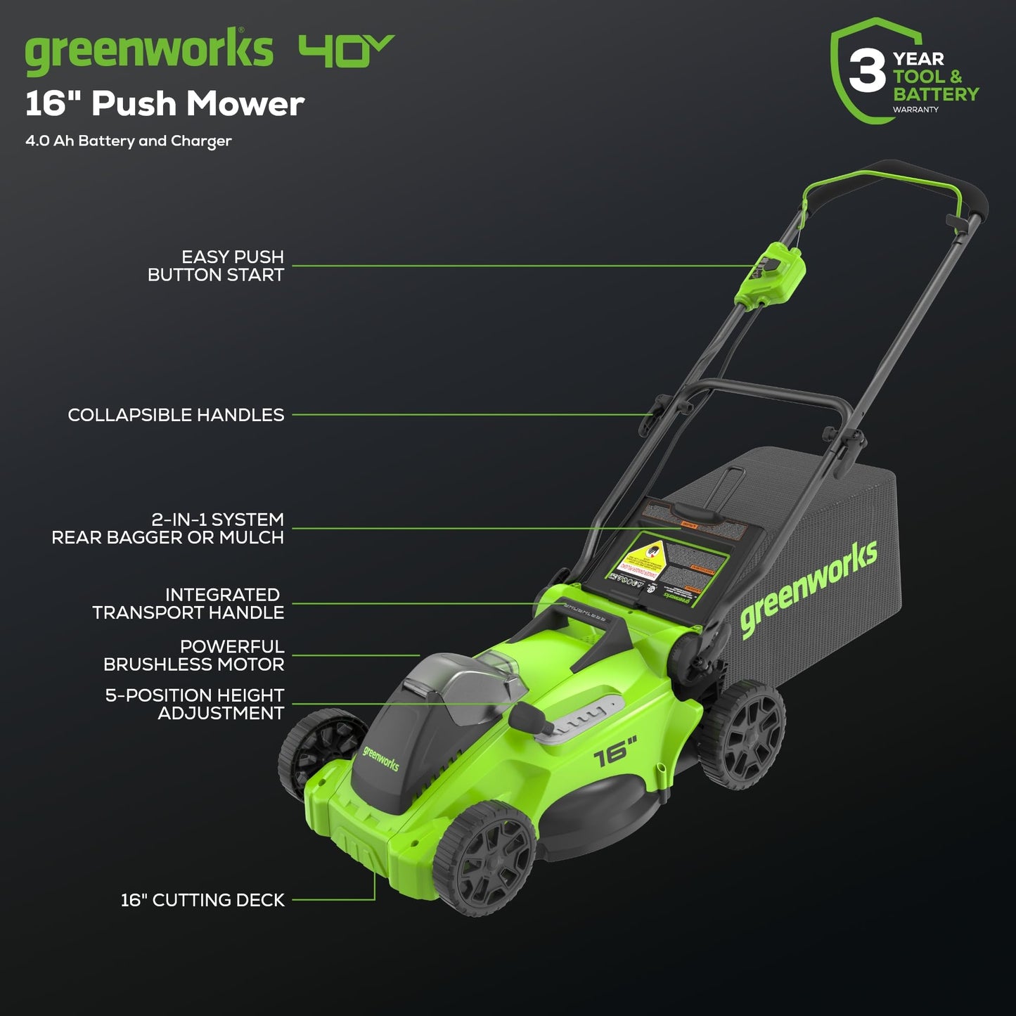 Greenworks 40V 16" Brushless Cordless (Push) Lawn Mower + Blower (350 CFM), 4.0Ah Battery and Charger Included (75+ Compatible Tools)