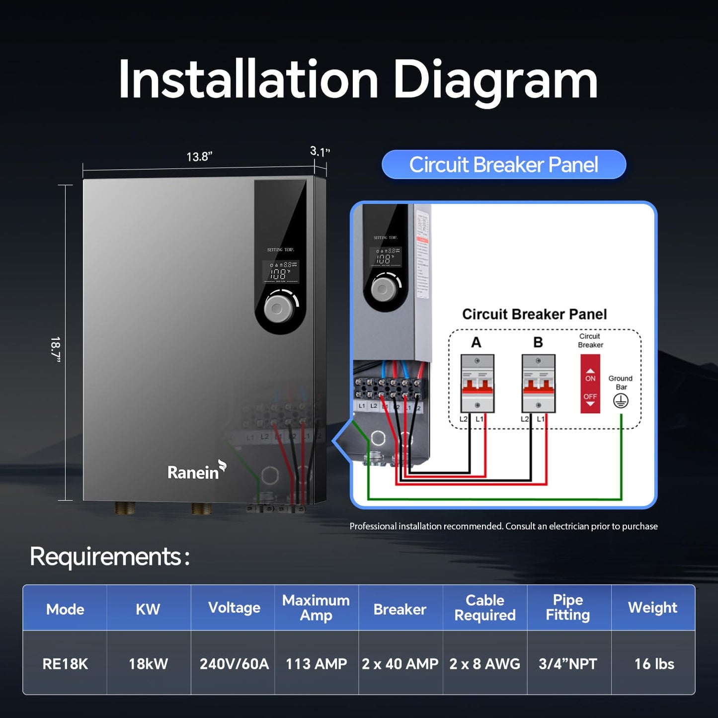 Ranein 18kW Electric Tankless Water Heater, 240V On Demand Instant Endless Water Heater with LED Temperature Display, Control Knob, Space Saving Design, Up to 4.3 GPM for Whole House Water