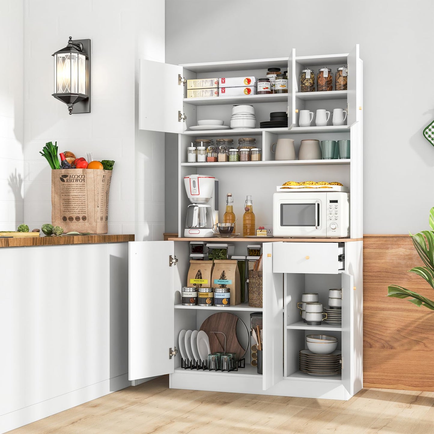 Giantex Kitchen Pantry Cabinet, 71” Tall Buffet Cabinet with Hutch, Built-in Power Outlet, 6 Doors Storage Cabinets, Drawer, Adjustable Shelves, Standing Cupboard for Dining Room Living Room (White)