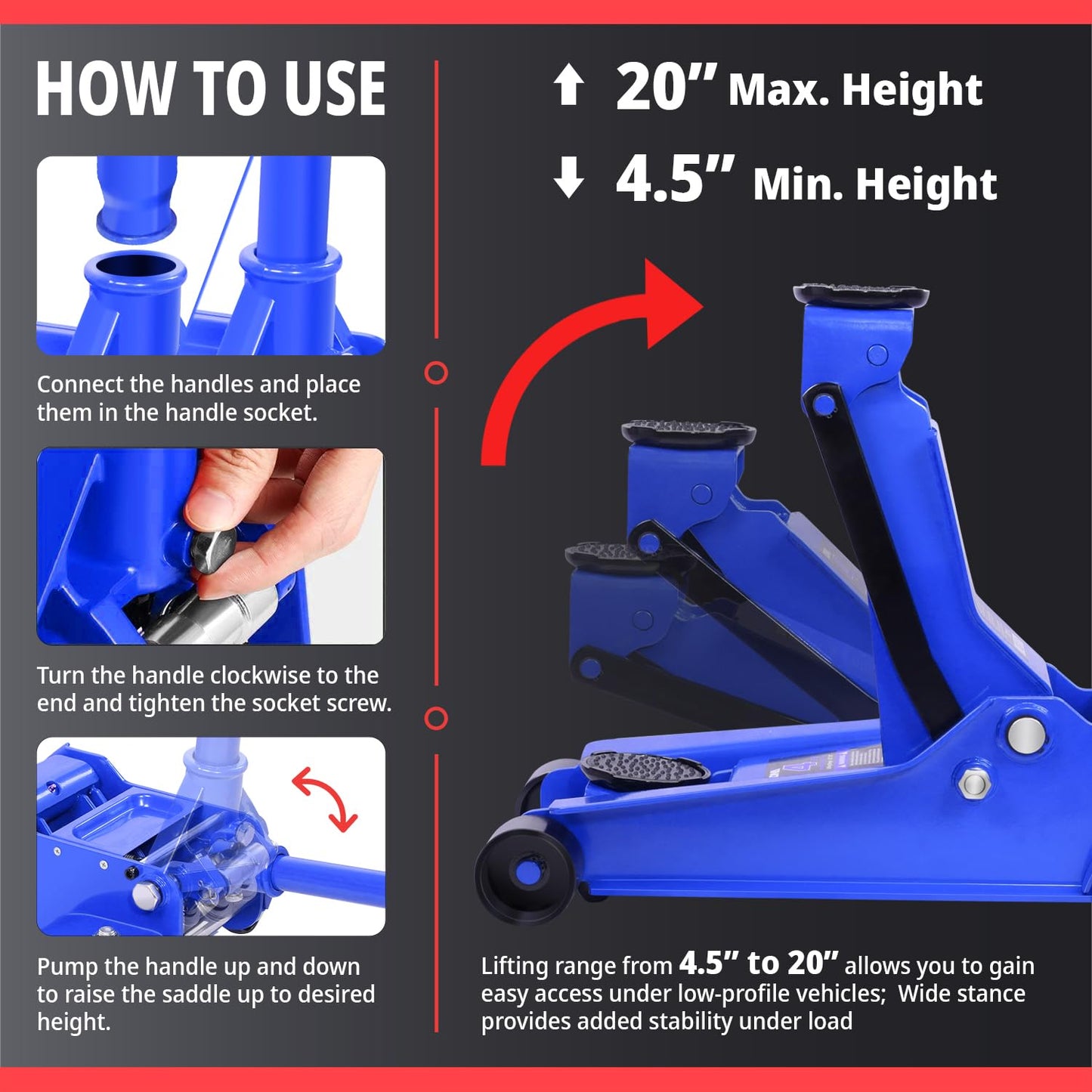 DNA Motoring Low Profile Hydraulic Trolley Service/Floor Jack, 4 Ton (8000 lbs) Capacity, Lifting Range 4.5"-20",Blue,TOOLS-00308