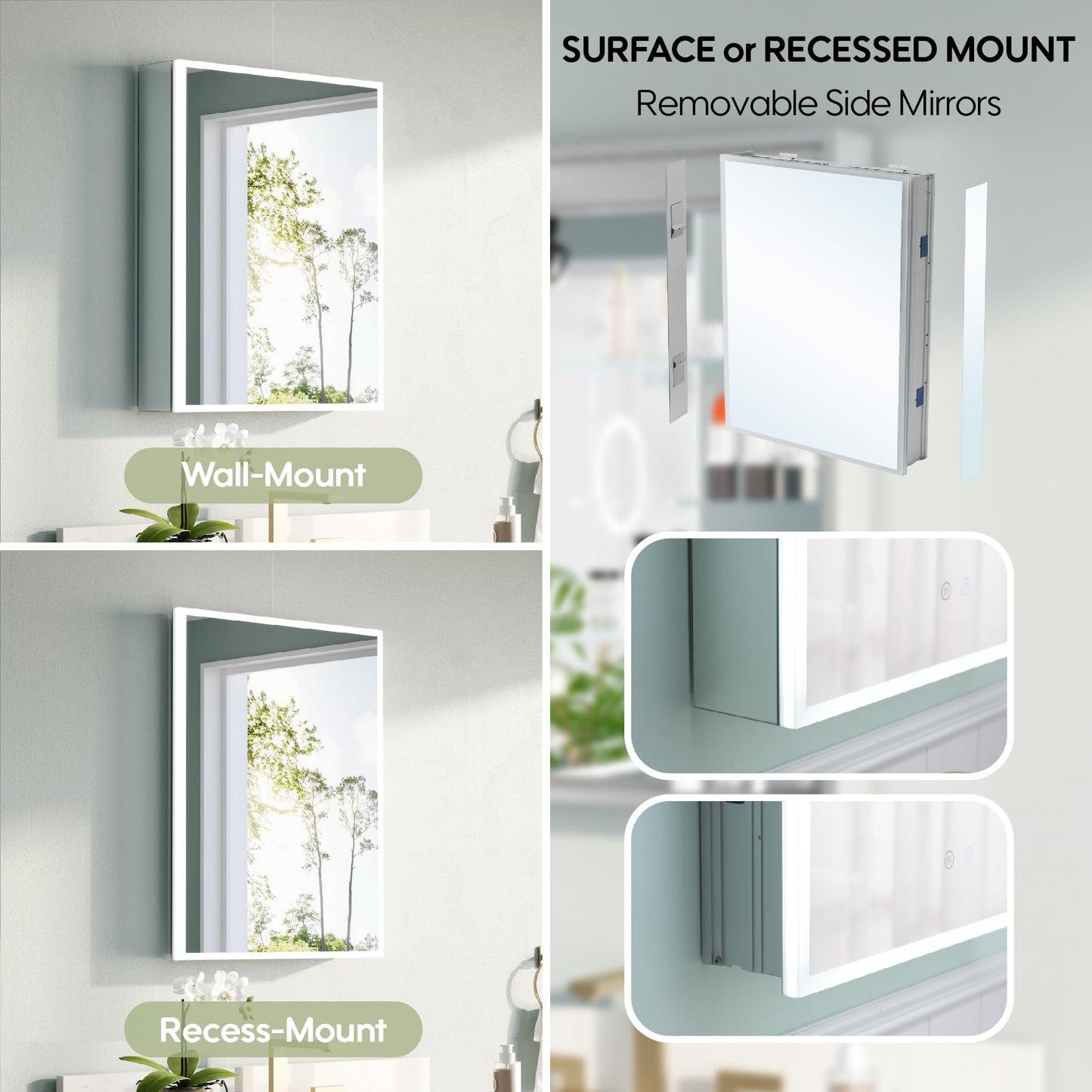 WELLFOR 24" X 30" Medicine Cabinet With Lights, 3X Magnification, Anti-Fog Mirrored Cabinet, Bathroom Vanity With Outlets & USB Ports, Left Opening Door