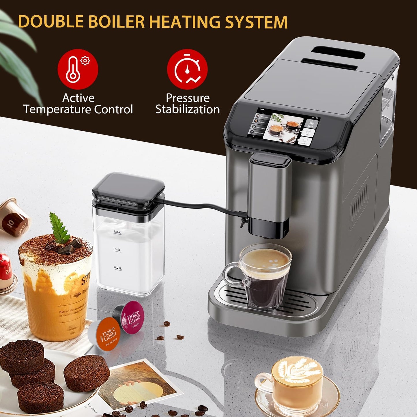 Garvee Fully Automatic Espresso Machine with Built-In Grinder and Milk Frother, 4-Beverage Cappuccino and Latte Maker with Intuitive Touch Display, Gunmetal Finish