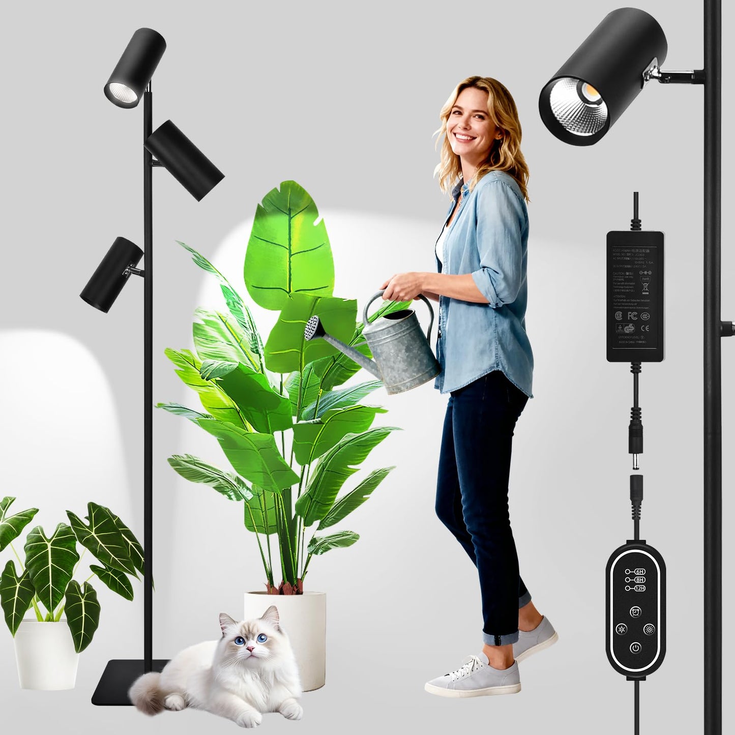 90W Dimmable Grow Light, Full Spectrum COB LED Triple-Head Floor Plant Lamp with High PPFD 900 & CRI 94, 6/8/12H Timer, Adjustable Height (43"-83") & Angle – Standing Grow Lights for Indoor Plants