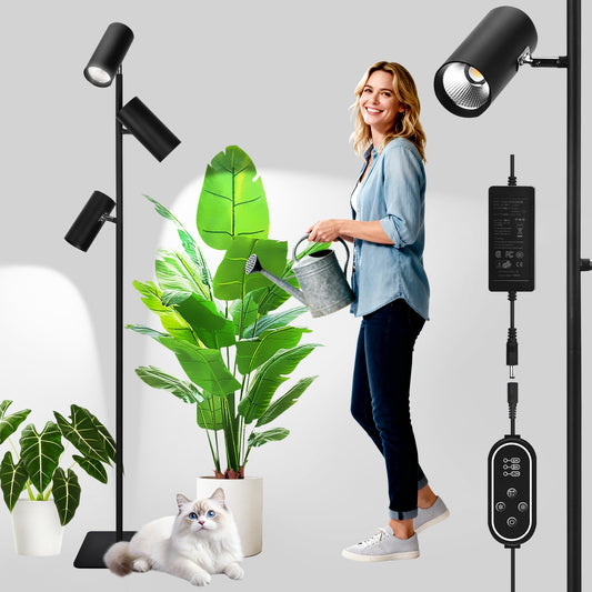 90W Dimmable Grow Light, Full Spectrum COB LED Triple-Head Floor Plant Lamp with High PPFD 900 & CRI 94, 6/8/12H Timer, Adjustable Height (43"-83") & Angle – Standing Grow Lights for Indoor Plants