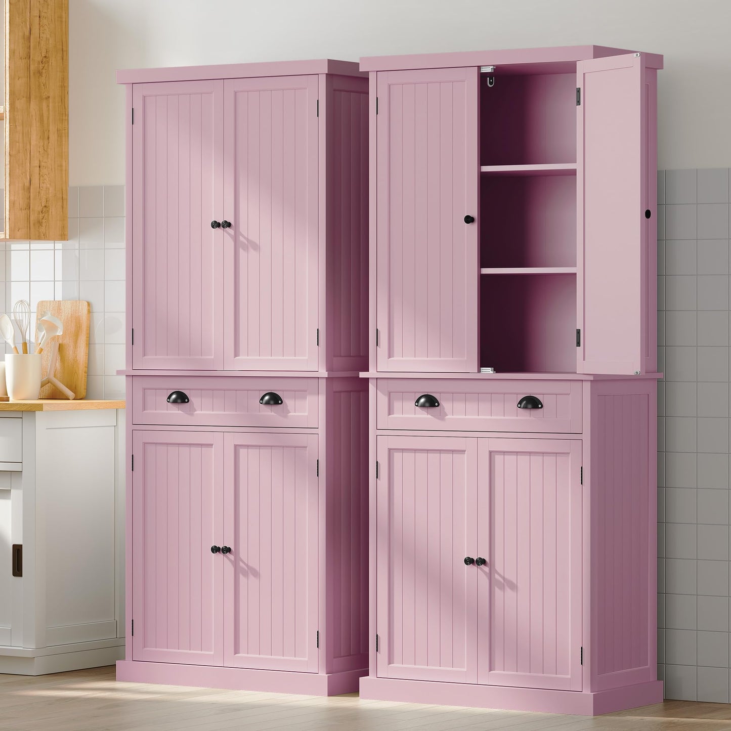 ARTPOWER 72" Tall Kitchen Pantry Storage Cabinet with Drawer and Adjustable Shelves, Pantry Cabinet for Kitchen, Bathroom or Hallway, Pink