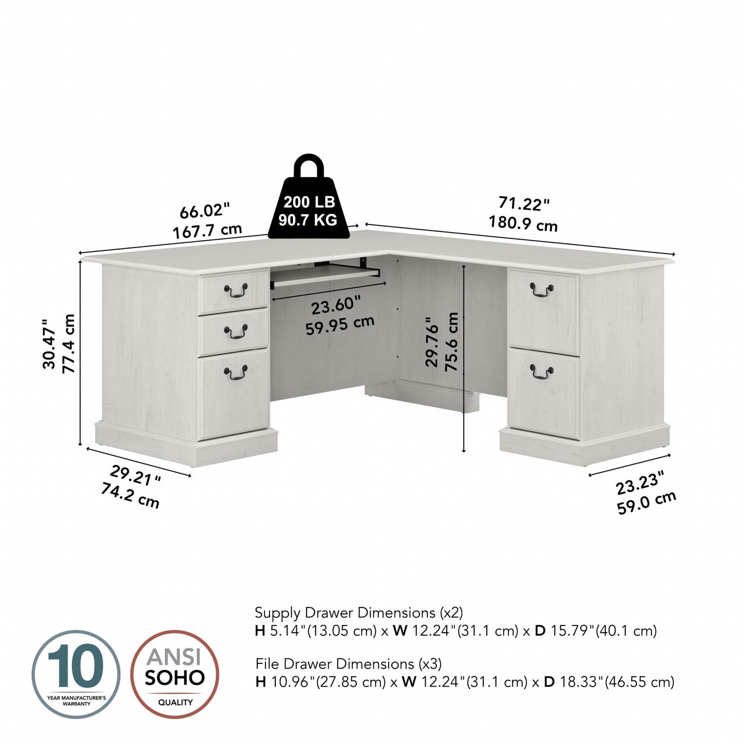 Bush Home Saratoga L Shaped Computer Desk with Drawers and Storage in Linen White Oak | Large Corner Office Table for Workspace