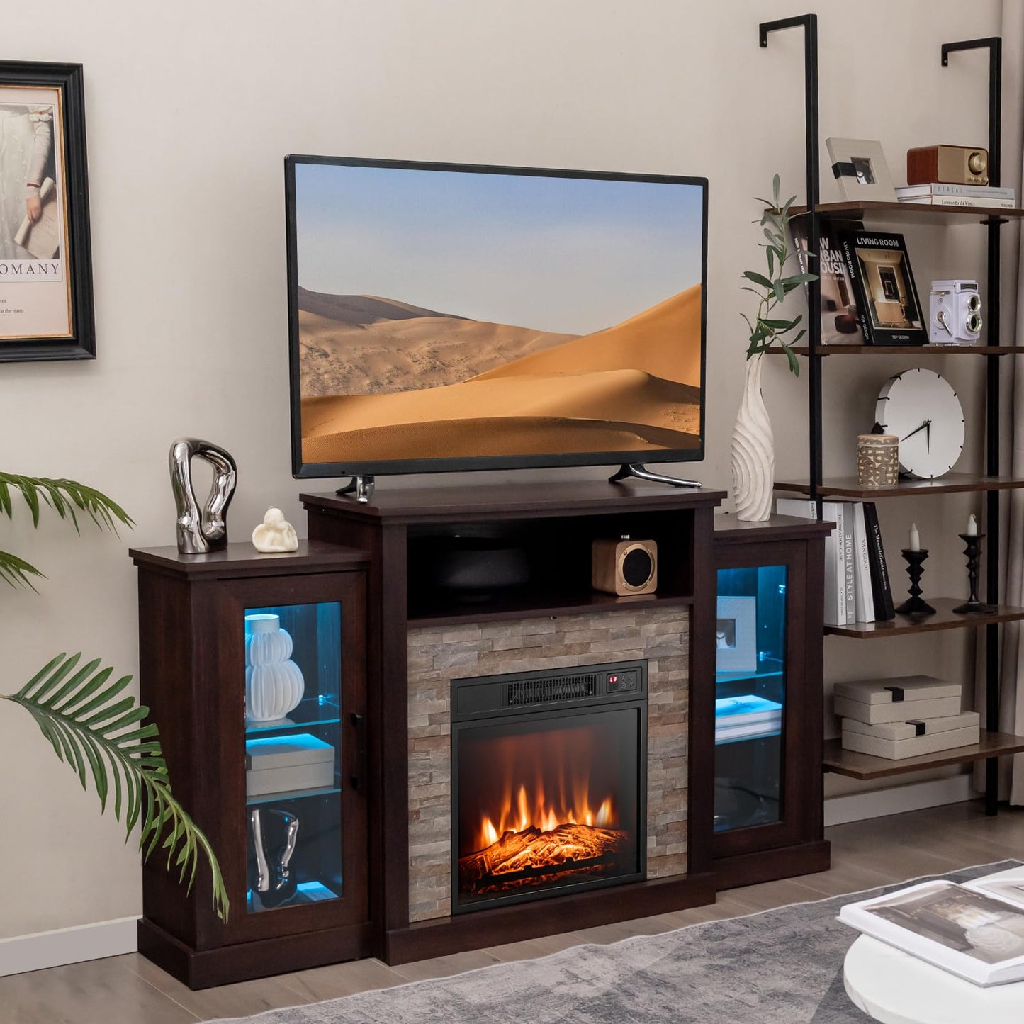 Tangkula Electric Fireplace TV Stand, Electric Fireplace Mantel with 16-Color Led Lights, Adjustable Glass Shelves, Remote & Smart APP Control, TV Console for Living Room (Espresso)