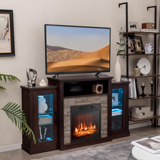 Tangkula Electric Fireplace TV Stand, Electric Fireplace Mantel with 16-Color Led Lights, Adjustable Glass Shelves, Remote & Smart APP Control, TV Console for Living Room (Espresso)