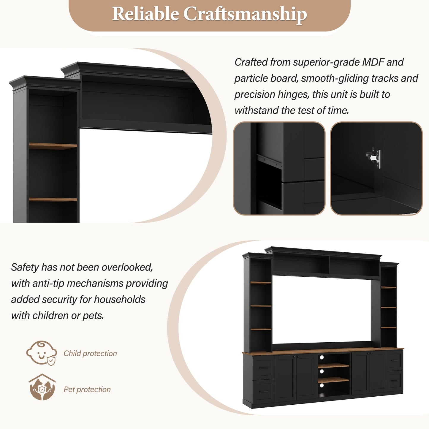 Merax 4-in-1 Wall Unit Entertainment Center with Bookshelf for TVs Up to 70", Farmhouse Large TV Stand with Walnut Adjustable Shelves, Elegant Retro Media Console with Drawers for Living Room, Black