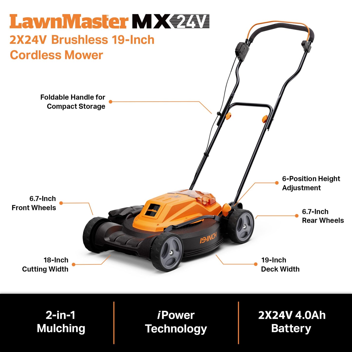 LawnMaster CLMF4819X 19-inch Brushless Cordless Lawn Mower with 2X24V MAX 4.0Ah Battery and a Dual Charger 6 Cutting Position