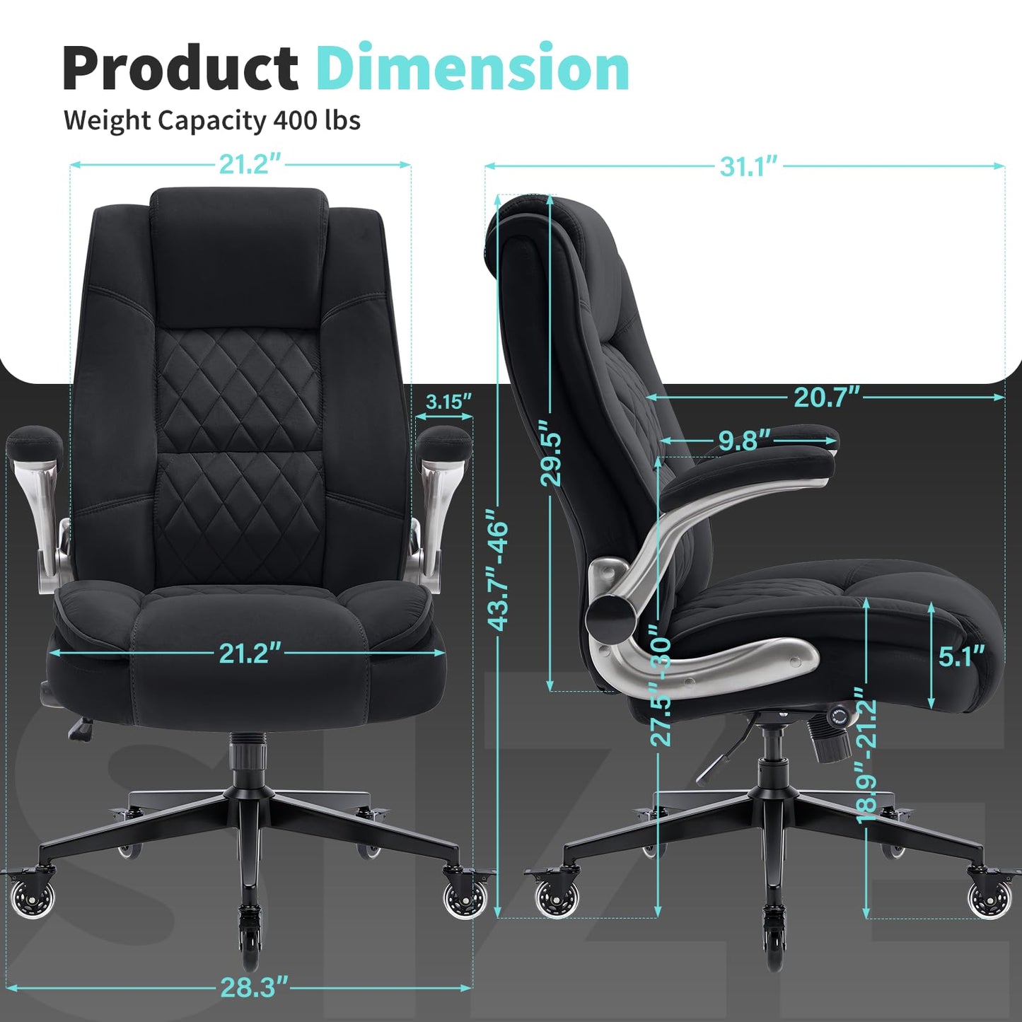 Fabric High Back Office Chair with Lockable Quiet Casters, Thick Padded Ergonomic Computer Chair- Adjustable Lumbar Support & Flip-Up Arms, Wide Executive Desk Chair for Back Pain, 400LBS Capacity
