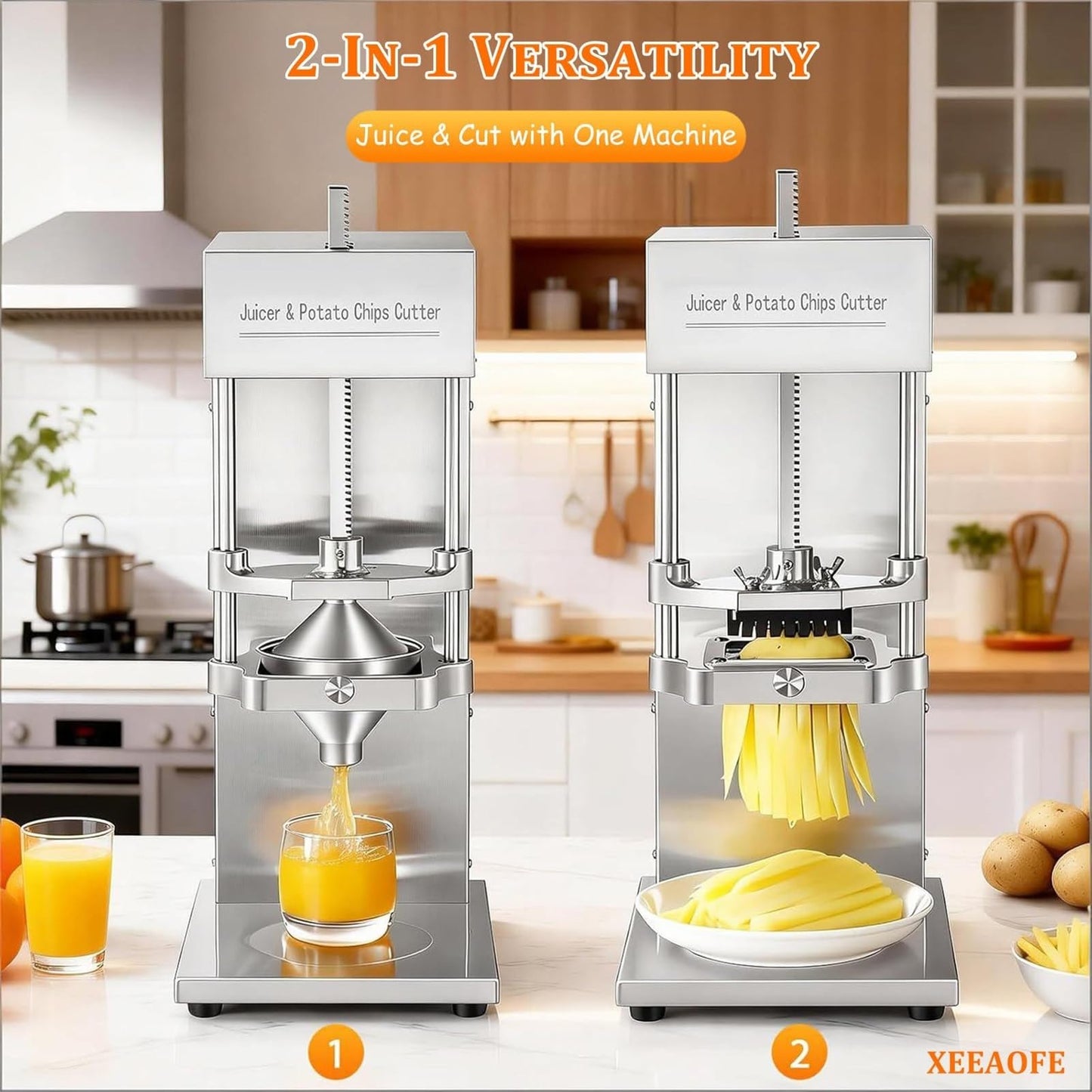 Electric Commercial Juicer and Potato Chips Cutter,Electric French Fry Cutter with Juicer Attachment,Stainless Steel Vegetable Chopper Machine,French Fry Cutter,Commercial Press Squeezer