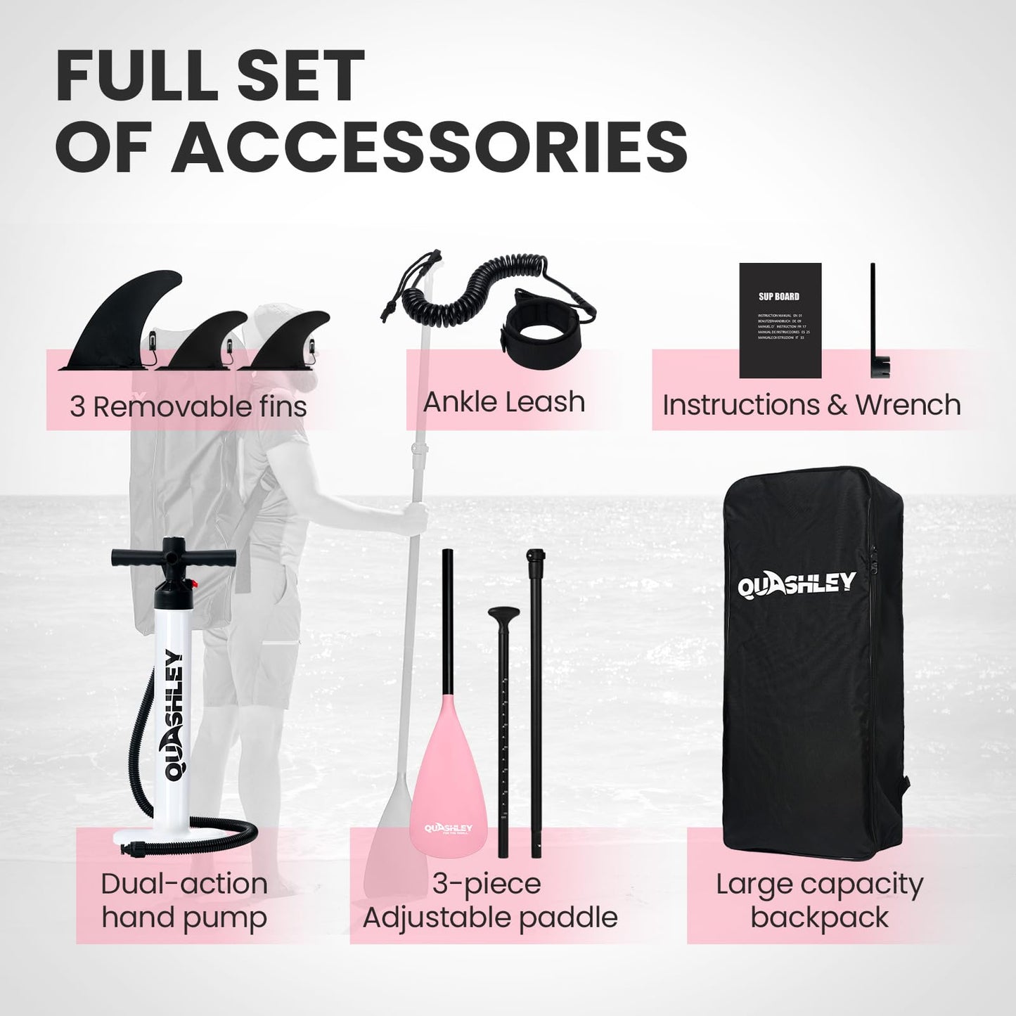 Quashley Inflatable Stand Up Paddle Board, Extra Wide 34" Sup Board for All Skill Levels with Accessories, Stable Paddleboards for Youth & Adults Lightweight SUP Boards Pink Color