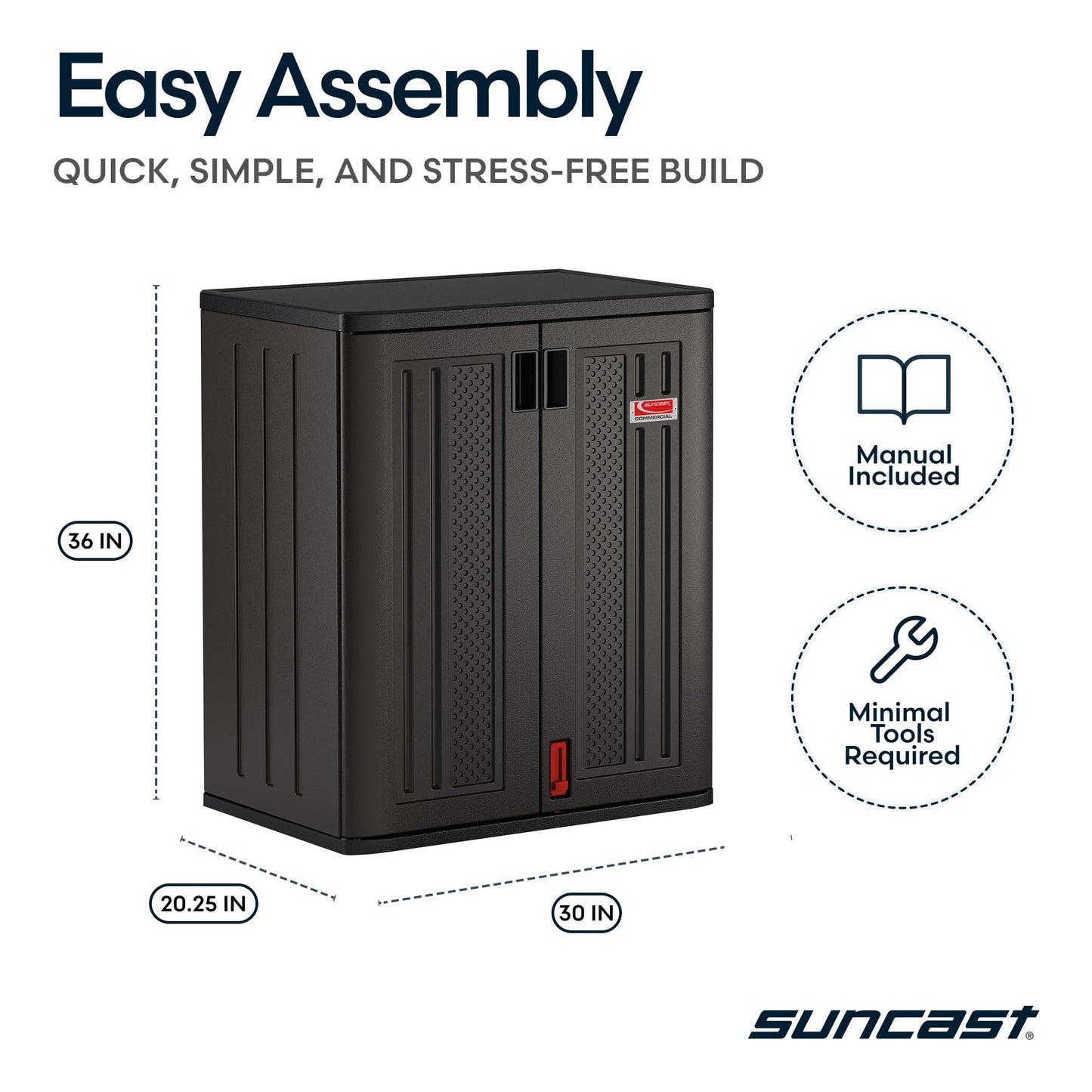 Suncast Heavy-Duty Resin Outdoor Storage Cabinet, 30" W x 20.25" D x 36" H Dark Grey Base Garage Storage Cabinet with Lockable Doors and Metal Reinforced Shelves, Made in the USA