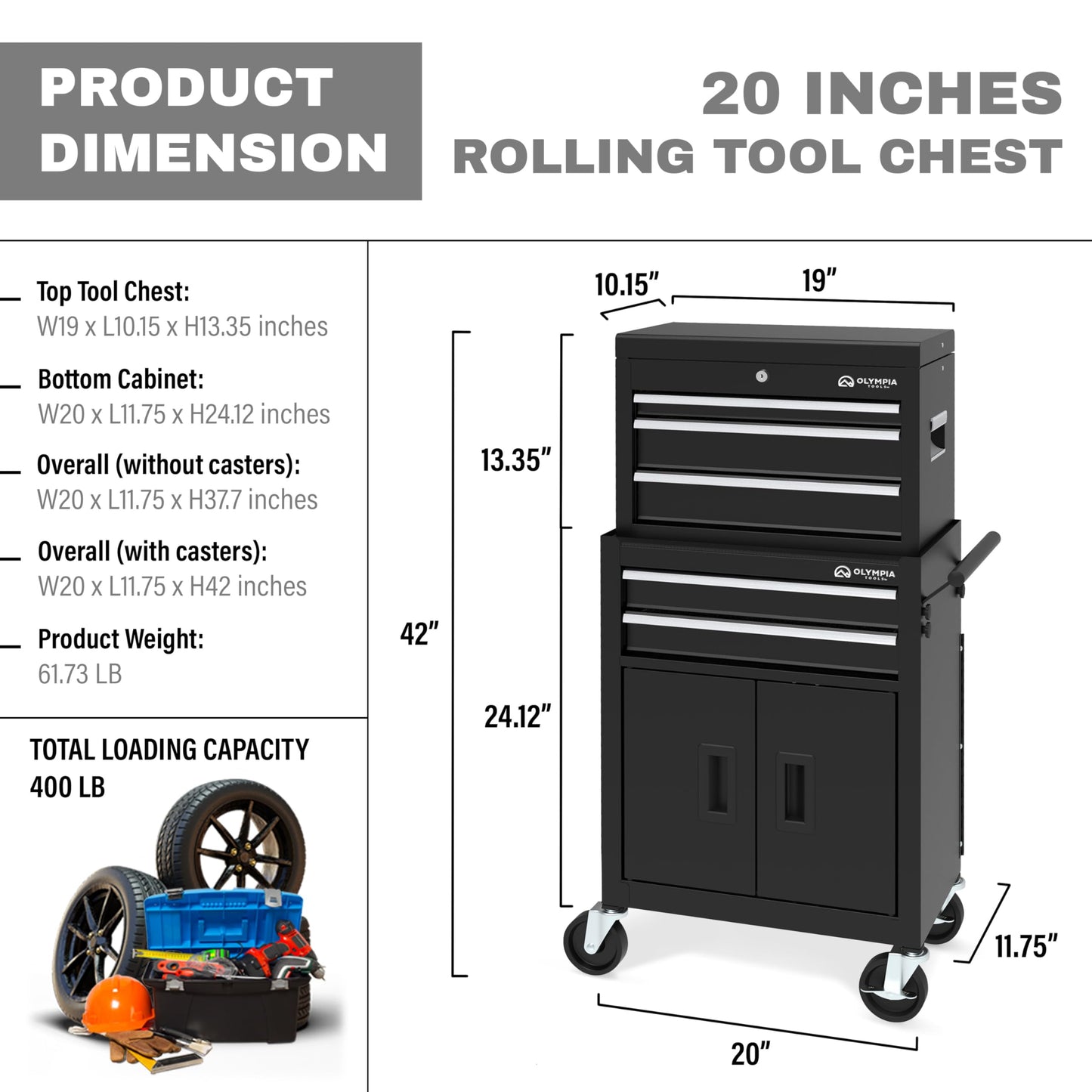 Olympia Tools 20-Inch Rolling Tool Cabinet Organizer, Heavy-Duty 5-Drawer Metal Tool Chest with Wheels and Locking Storage for Garage and Workshop, Black