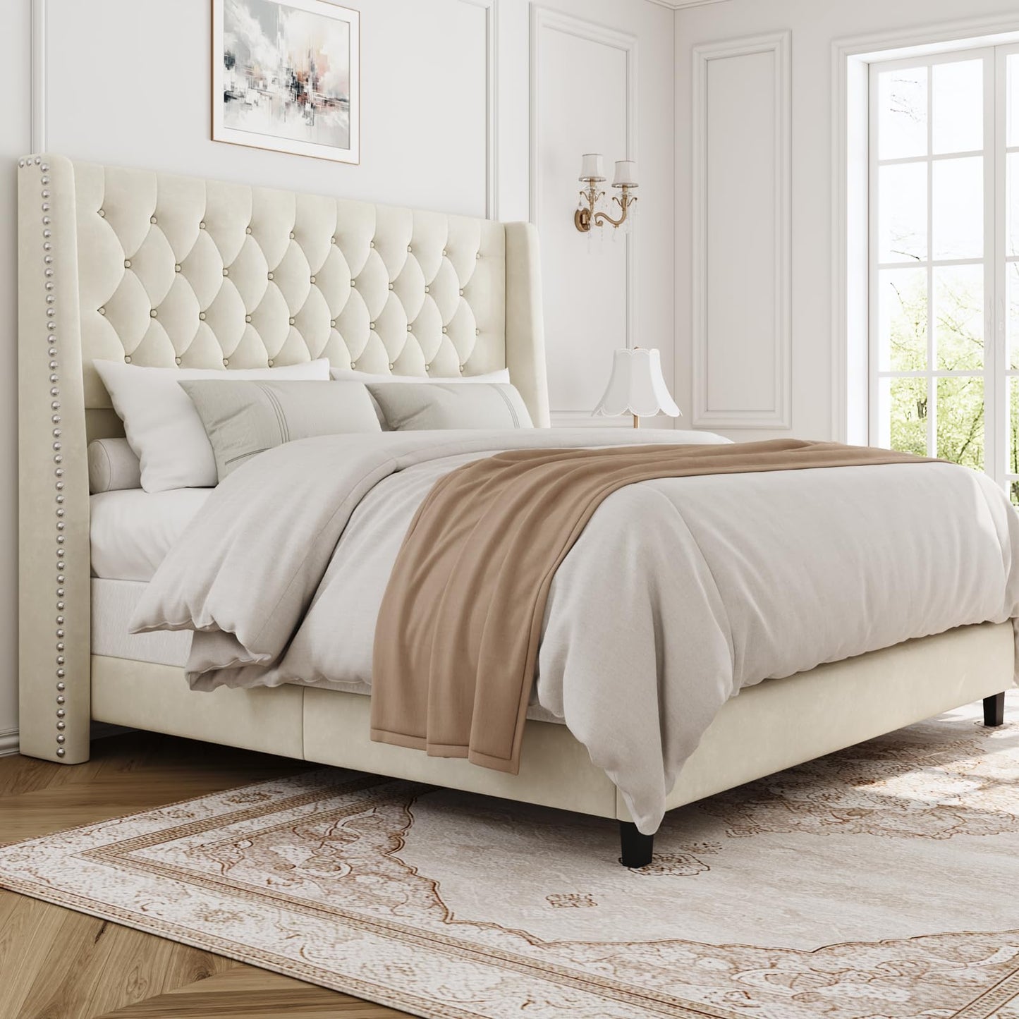 SEREINEY Queen Bed Frame with 55" Tall Headboard, Upholstered Bed Frames, Soft Fabric, Button Tufted Headboard with Windback, Platform Bed, Noise-Free, No Box Spring Needed, Beige