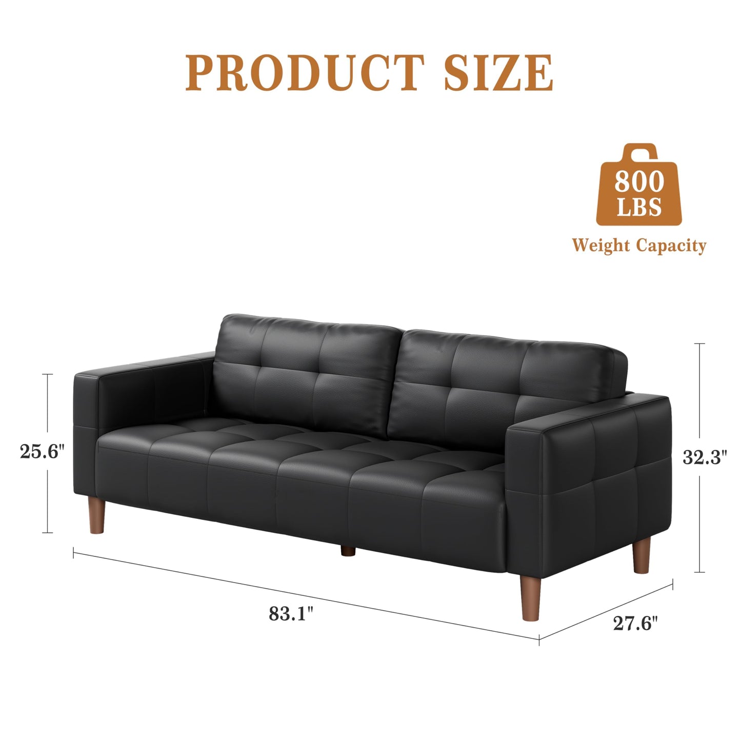 IDEALHOUSE 83” Black Faux Leather Couch, 3 Seater Sofa Couches with 2 Removable Back Cushions for Living Room, Large Mid Century Modern Office Apartment Couch (Black)