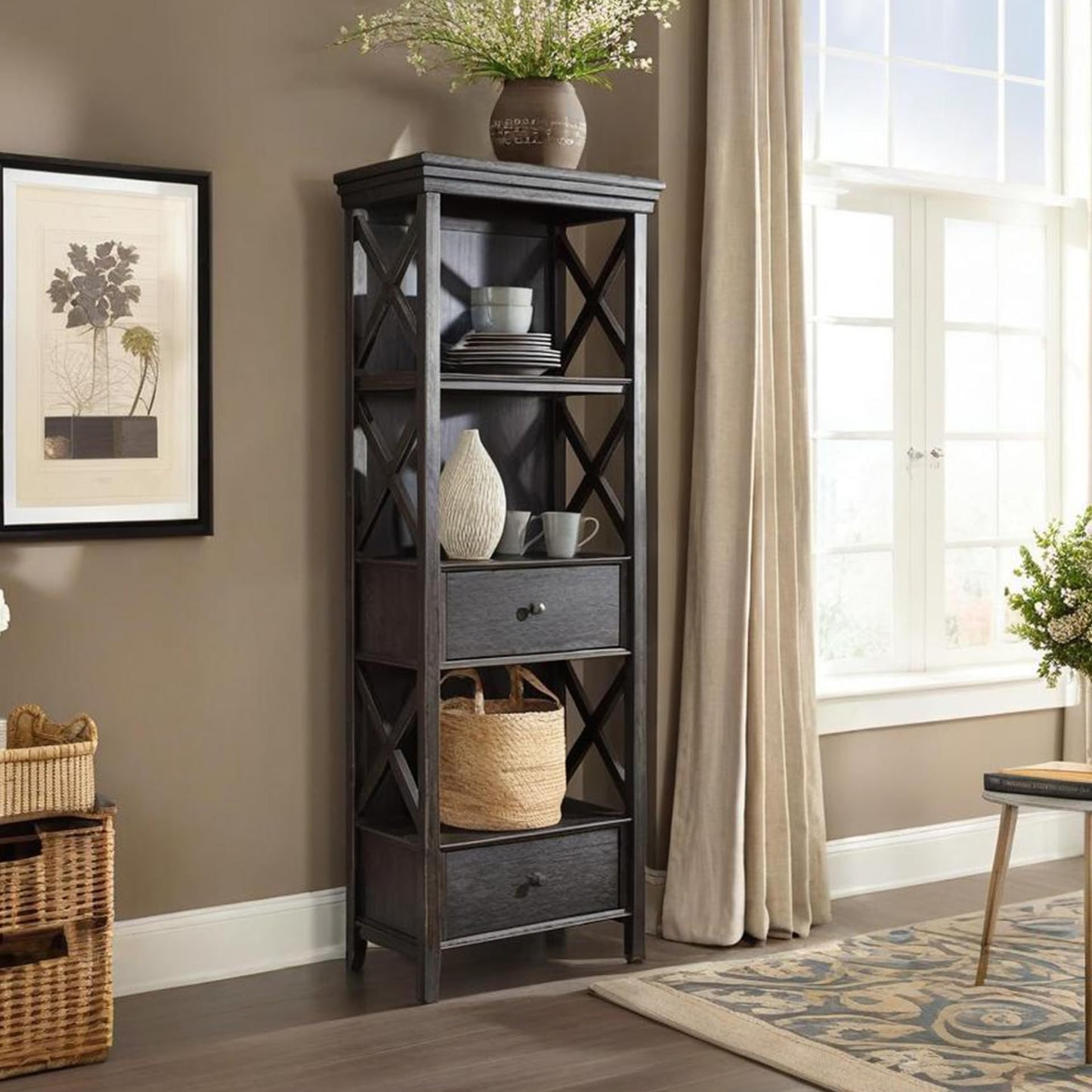 Signature Design by Ashley Tyler Creek Casual Farmhouse 75" Display Cabinet or Bookcase with Drawers and Shelf, Open Lattice Sides, Wood, Gray Black Finish