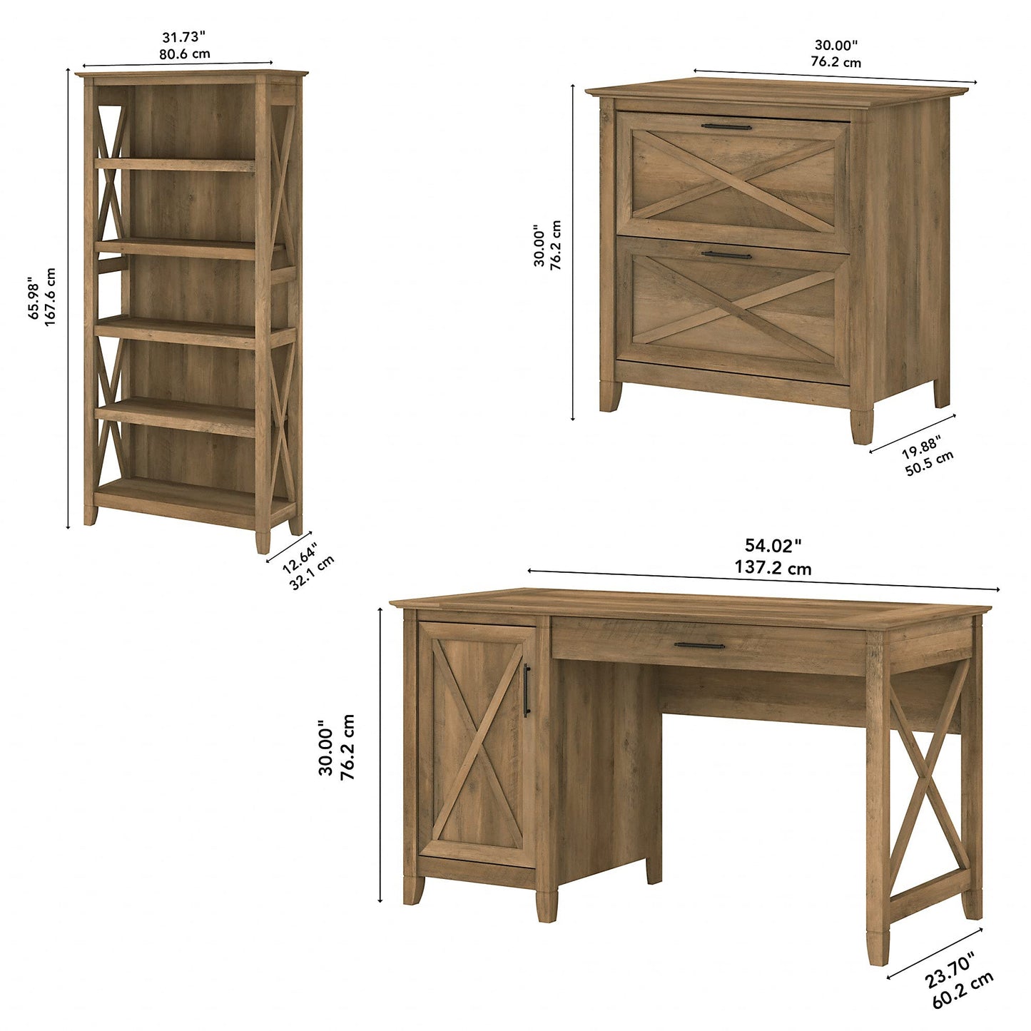 Bush Furniture Key West 54W Computer Desk with 2 Drawer Lateral File Cabinet and 5 Shelf Bookcase in Reclaimed Pine