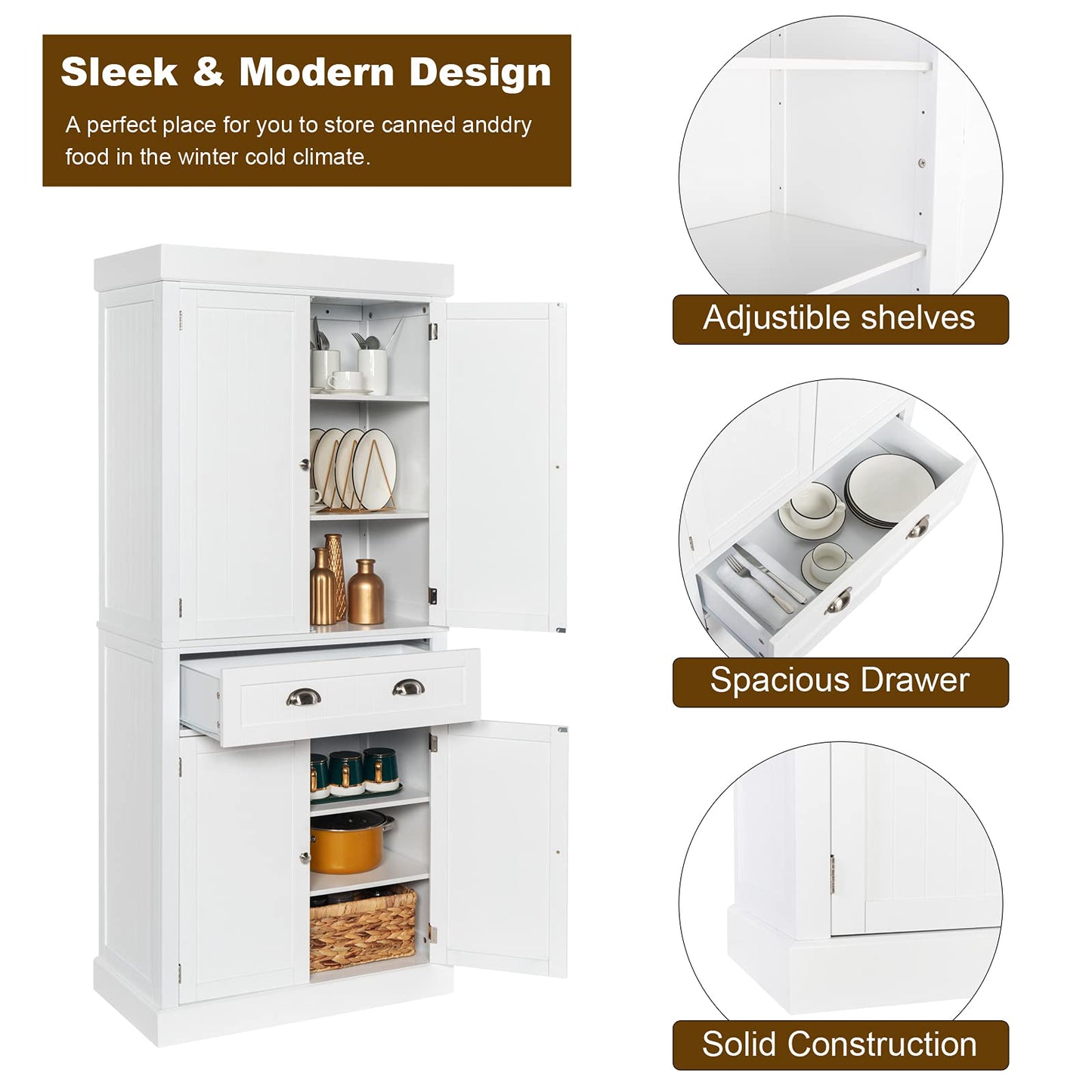 VINGLI 71-Inch White Storage Cabinets with Drawers, Freestanding Pantry Cabinets with Doors and Shelves Adjustable, Wood Farmhouse Kitchen Pantry Cupboard