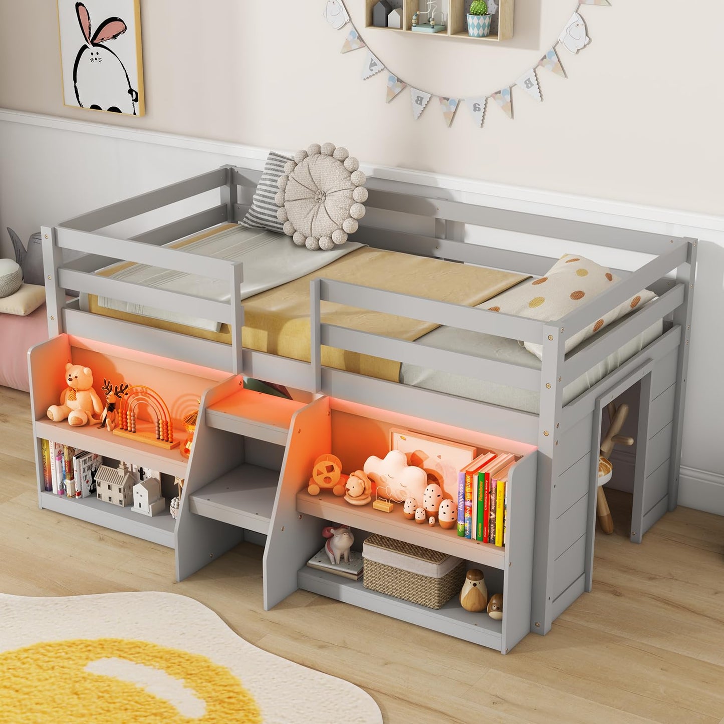 Giantex Twin Loft Bed with LED Lights, Wooden Loft Bed Twin Size with Stairs & Safety Guardrail, Low Loft Bed for Kids with Storage Bookcase and Under-Bed Play Space, Grey