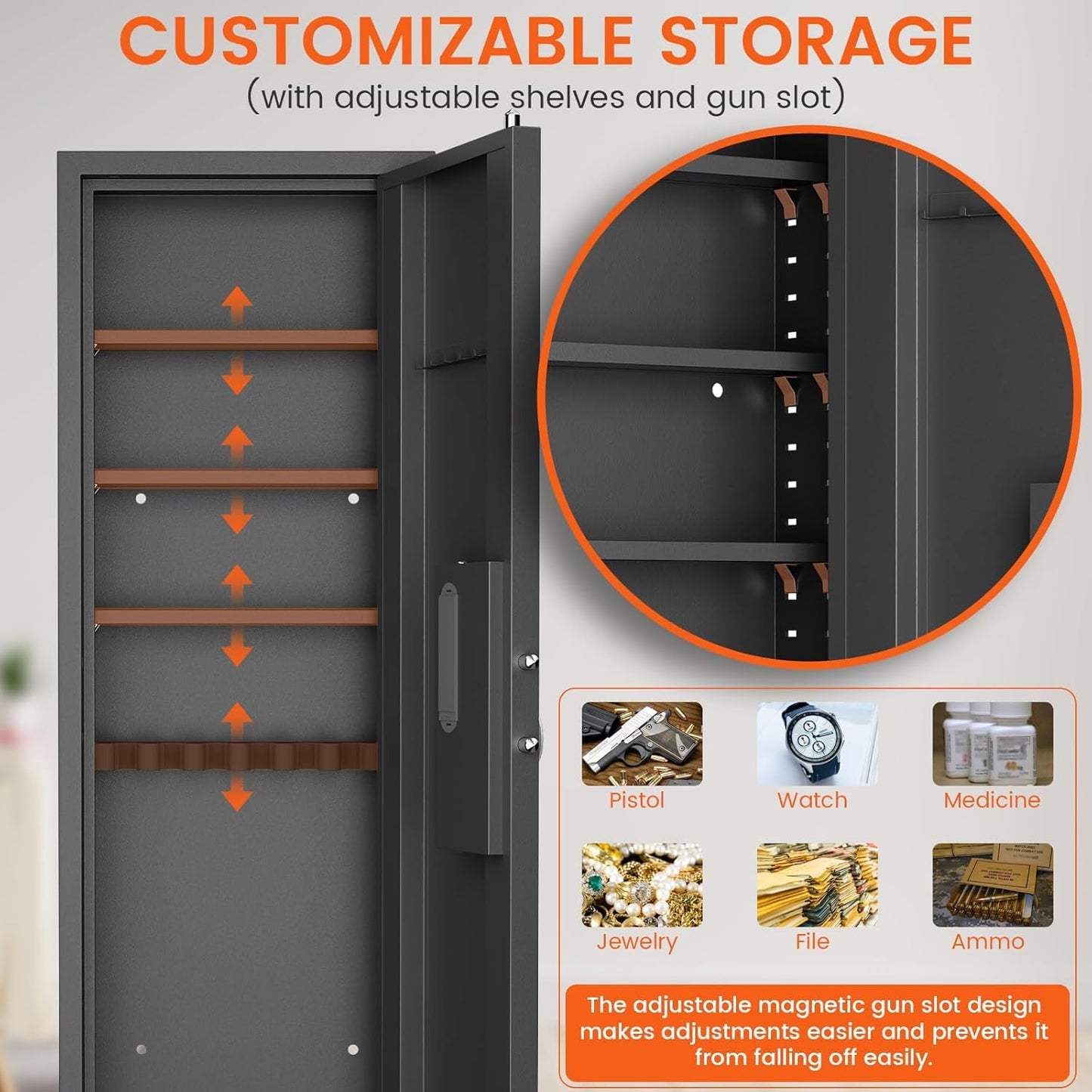 53" Tall Hidden Wall Safe with Fingerprint Lock - Fireproof & Waterproof, Dual Alarm System, 3 Adjustable Shelves, Magnetic Slot & Key Hooks - Modern Black Steel Construction