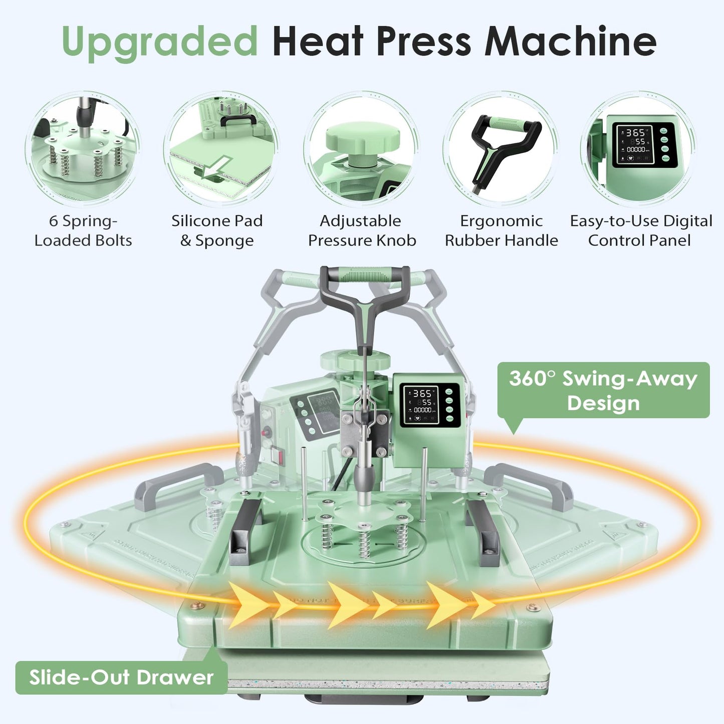 Seeutek 8 in 1 Heat Press Machine 15x15 Inch, Swing Away Digital Sublimation Heat Transfer Press with 20oz & 30oz Tumbler Attachments for T-Shirts, Mugs, Hats & Plates, Green