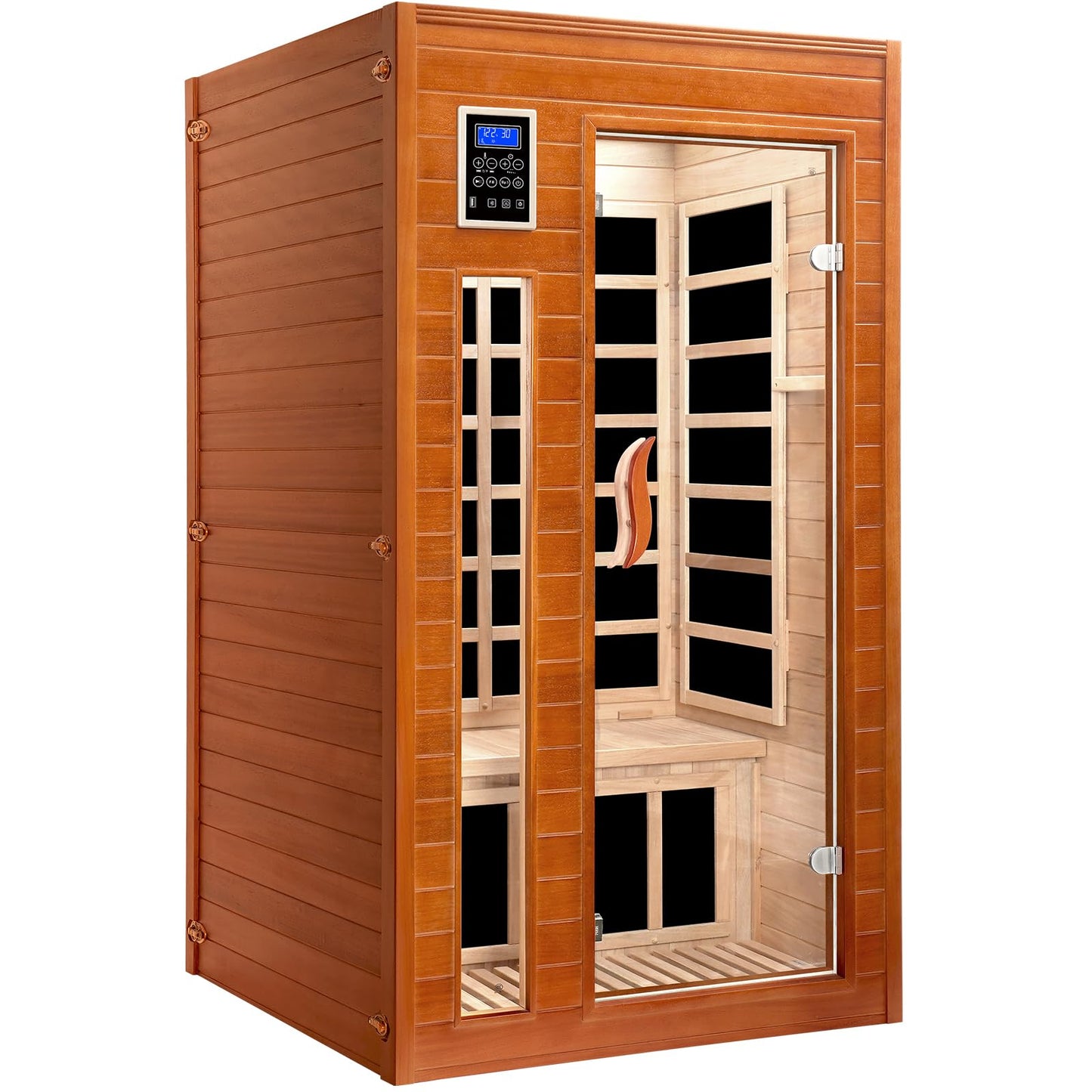 X-Vcak 1-2 Person Infrared Sauna, Dry Heat Sauna with Red Light Therapy, Bluetooth, Radio, 7-Color Therapy Light for Home, Indoor, Gym, Wellness Center, 40″ x 36″ x 73″, Brown