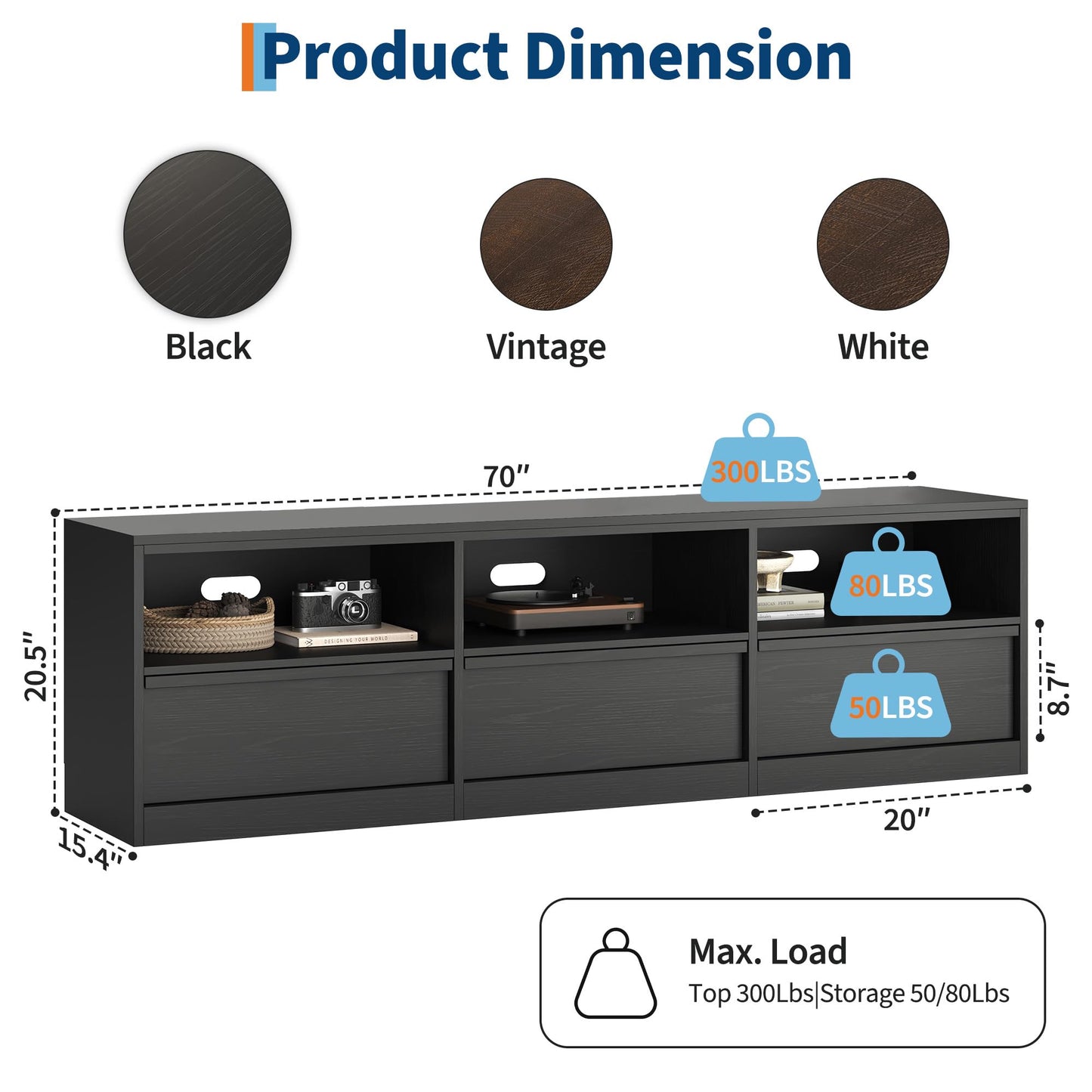 Garvee Mid Century Modern TV Stand for 65 70 75 in TVs, Industrial Entertainment Center with 3 Drawers & Open Shelves, Sturdy MDF for Living Room & Bedroom, Black