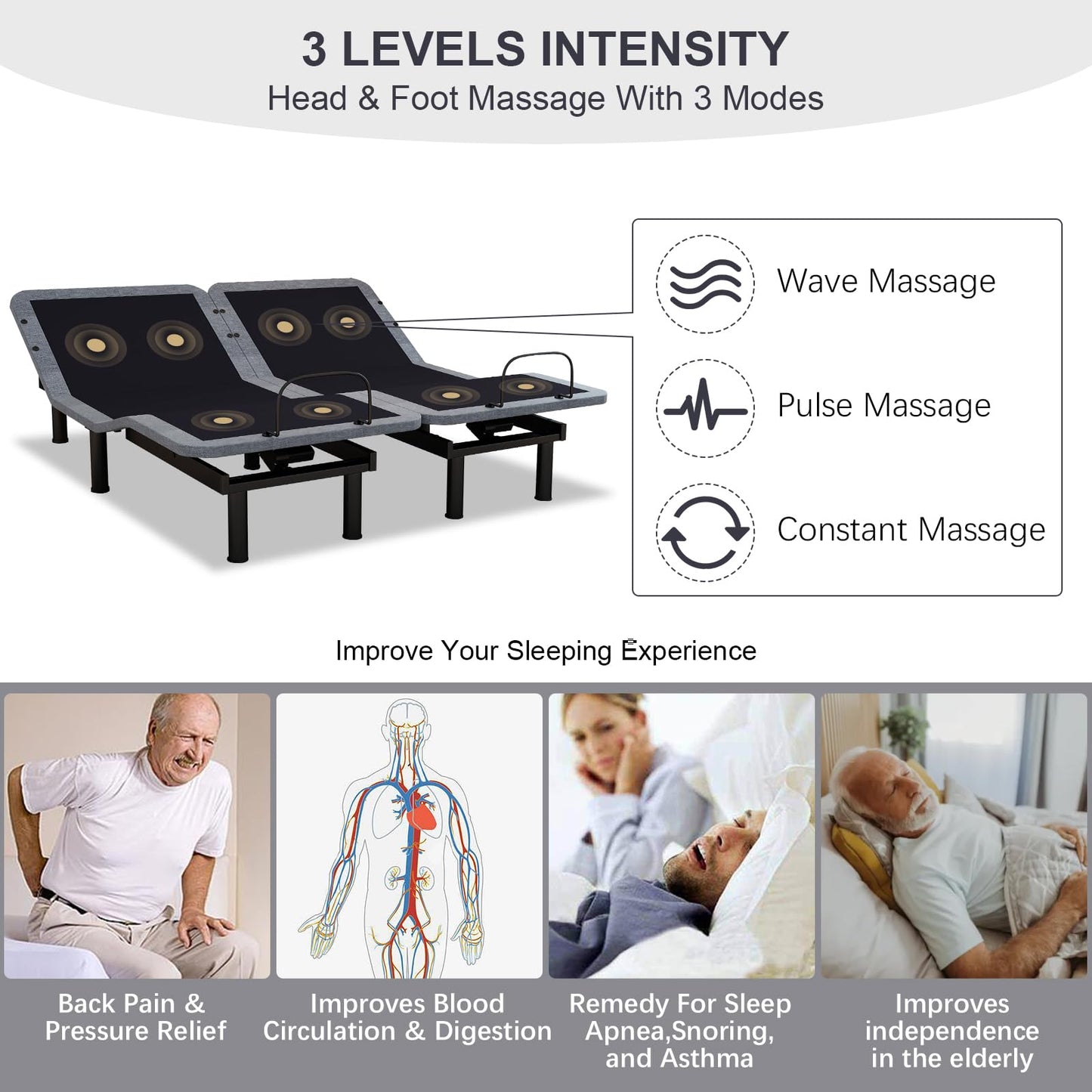 Split King Adjustable Beds with Thickened Frame, Adjustable Bed Frame with with Wireless Remote, Separate Head/Foot Lift, Massage, Zero Gravity,USB Ports, Adjustable Bed Bases with Sturdy Metal