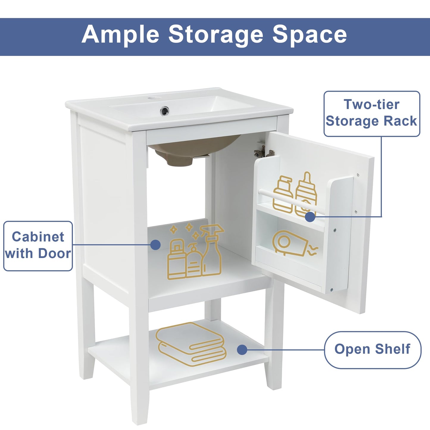 20" Small Bathroom Vanity with Ceramic Sink Top and Open Shelf, Soft-Closing Door and Rack Shelf, Solid Wood Legs, White