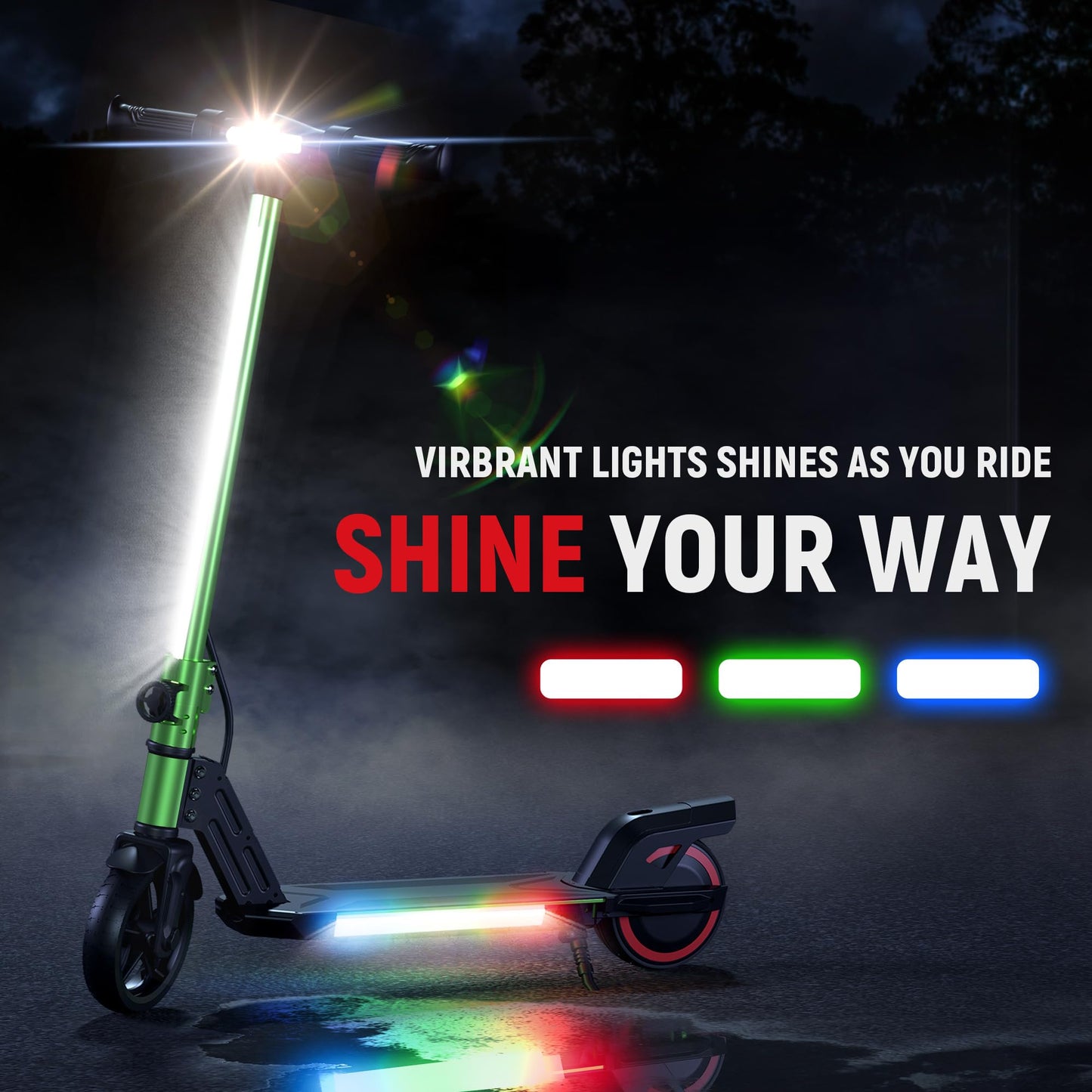 WEELMOTION Green Electric Scooter for Kids, Bright Front Bar Lights, Head Lights, Shining Pedal, LED Display, Dual Brakes, 150W Lightweight Foldable Kids Electric Scooter, UL2272 Certified