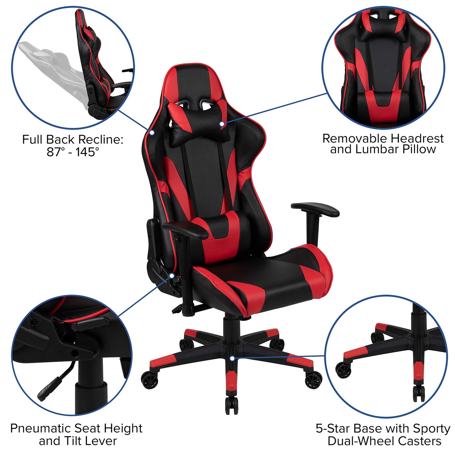 Flash Furniture X20 Fully Reclining LeatherSoft Racing Style Gaming Chair with and Lumbar Pillows, Ergonomic Padded Swivel Computer Chair, Red/Black